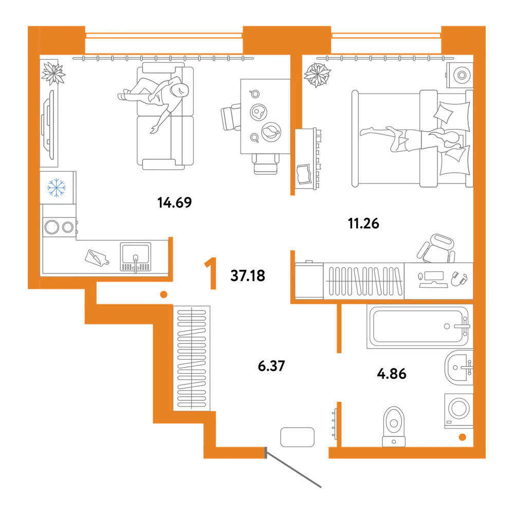 Планировка: 1-комнатная 37,18 м²
