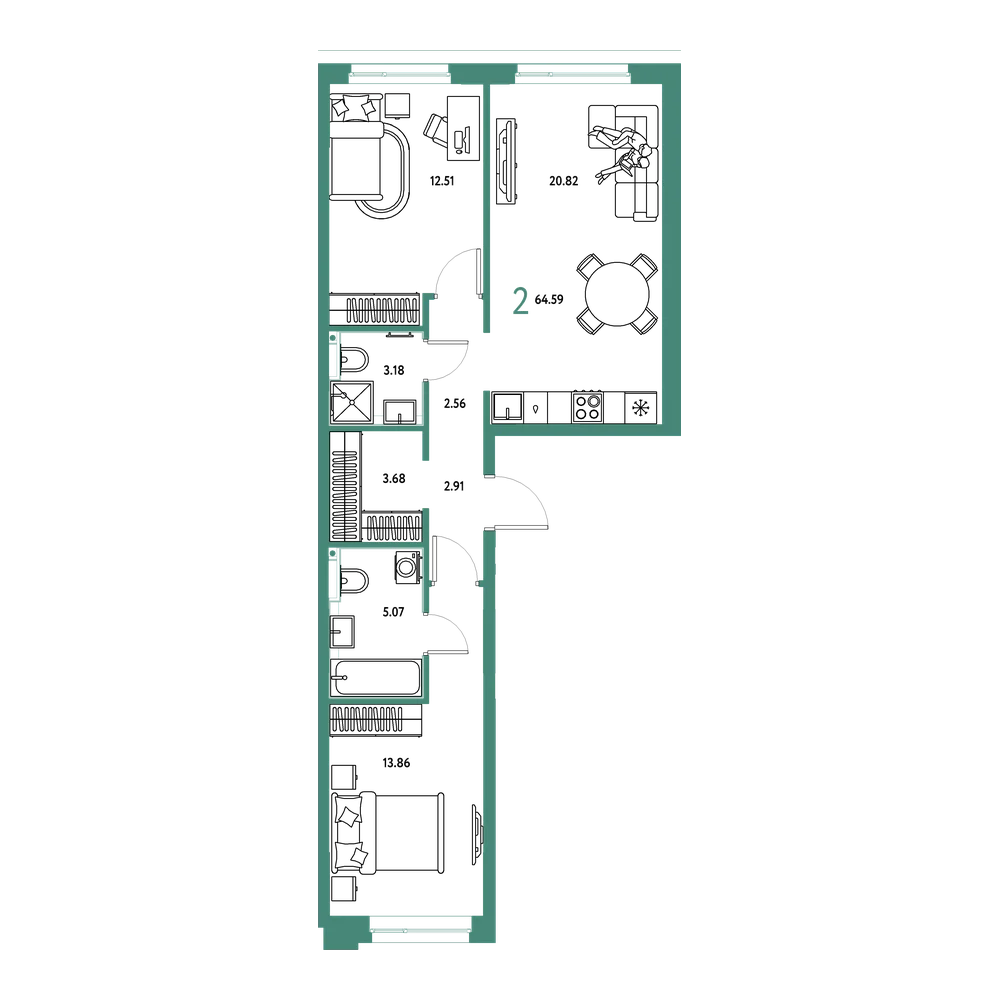 Планировка: 2-комнатная 64,59 м²