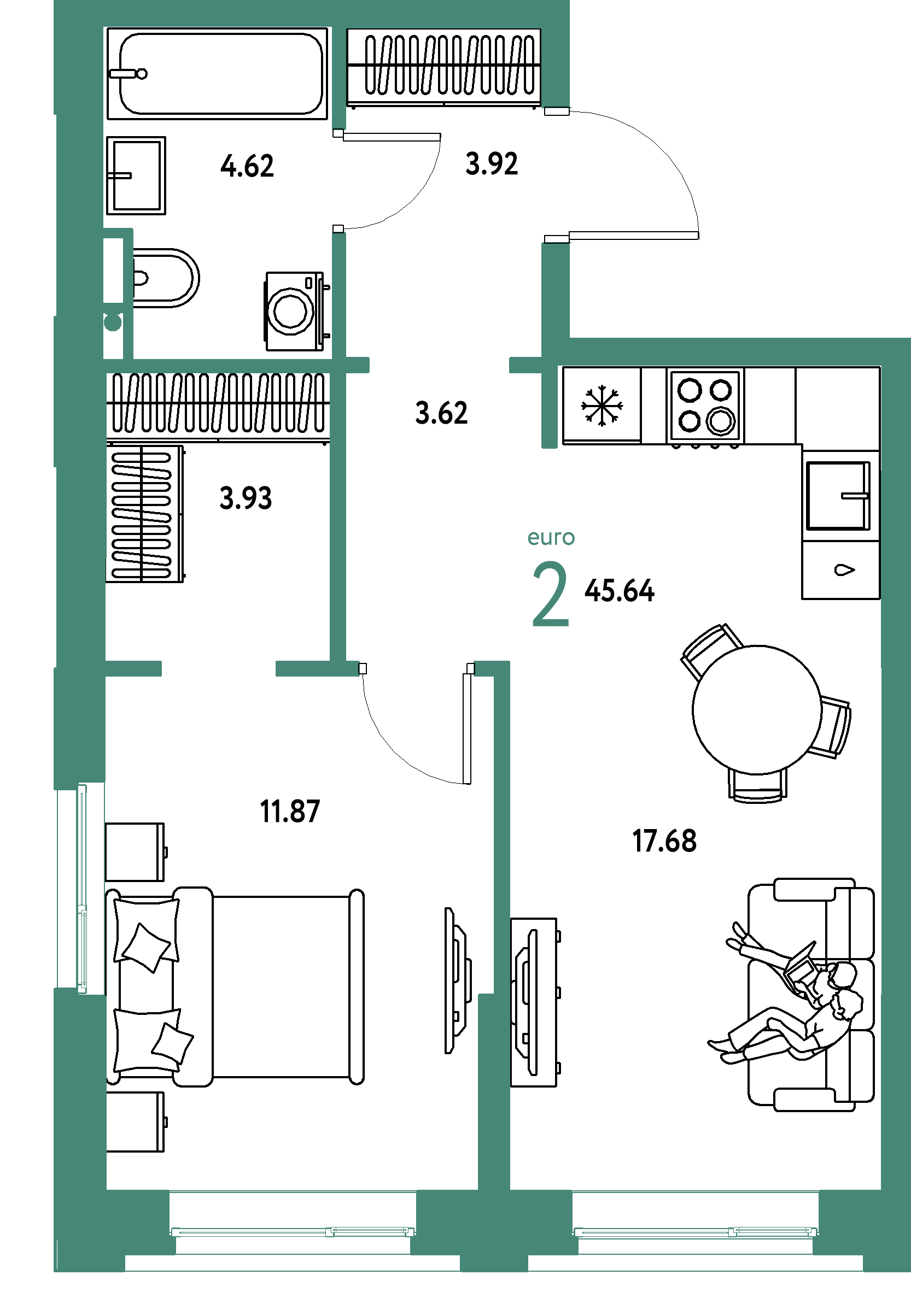 Планировка: Евродвушка 45,64 м² в ЖК «Остров-сад»