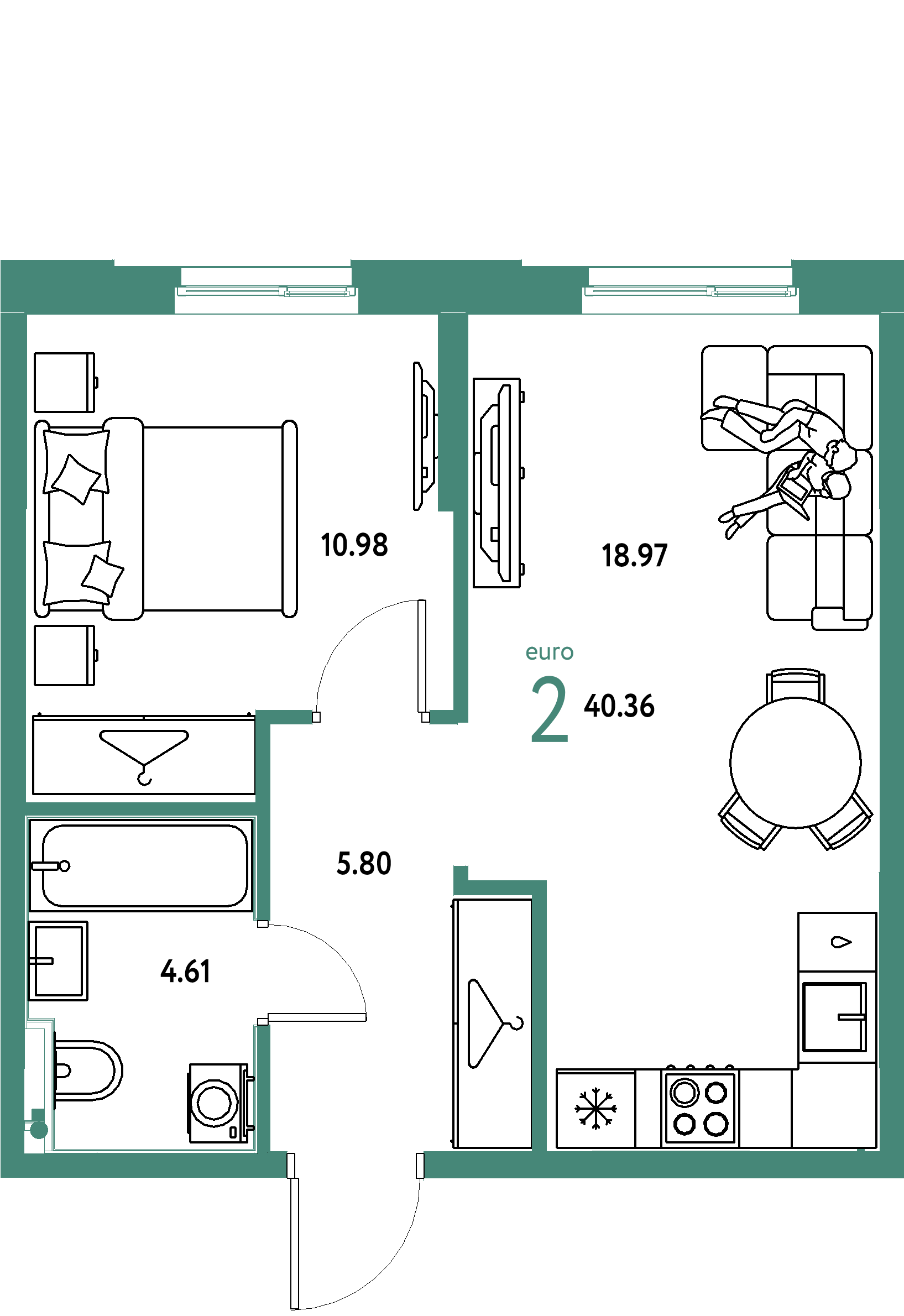 Планировка: Евродвушка 40,36 м² в ЖК «Европейский берег 2.0»