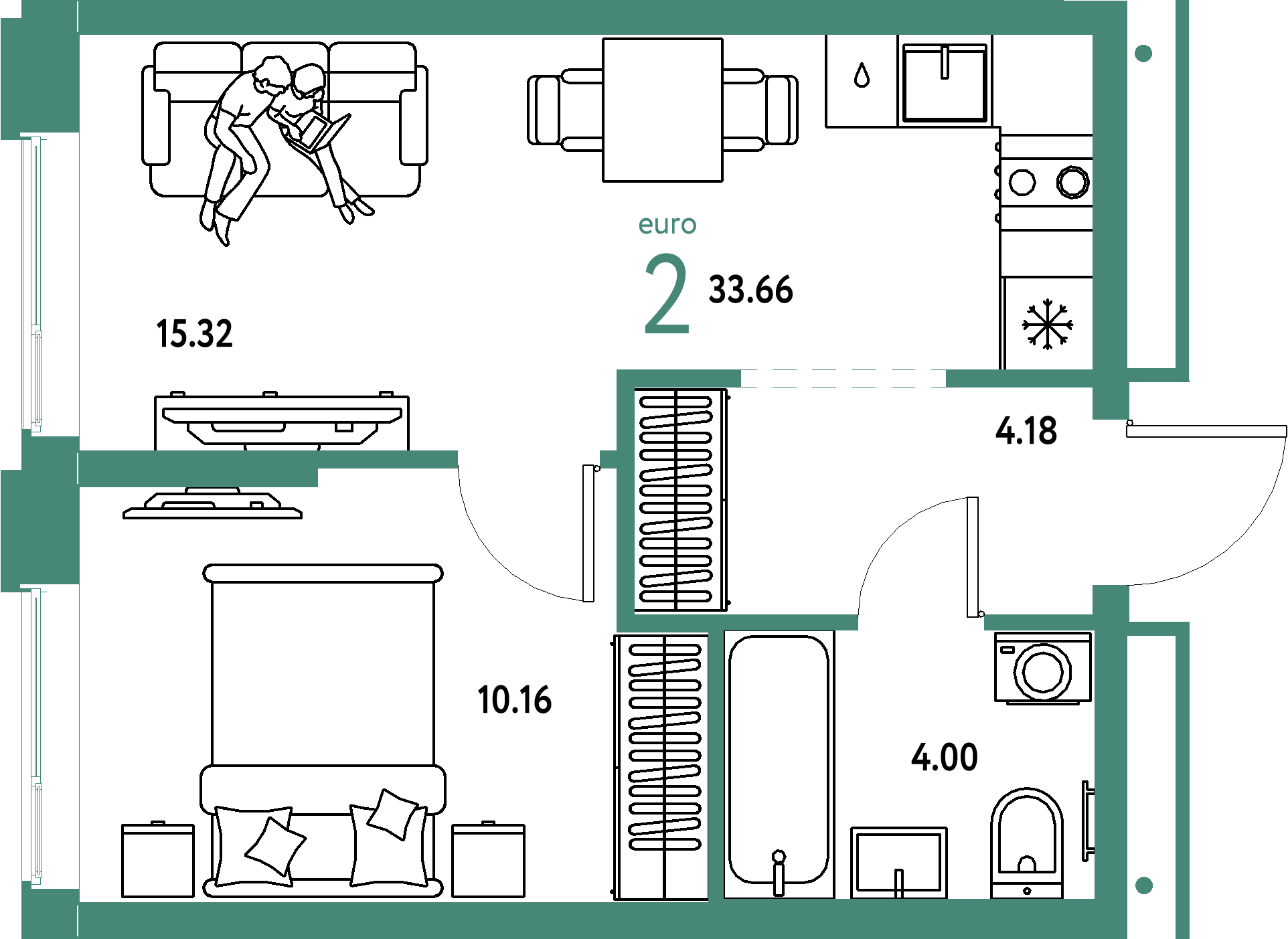 Планировка: Евродвушка 33,66 м² в ЖК «Домашний»