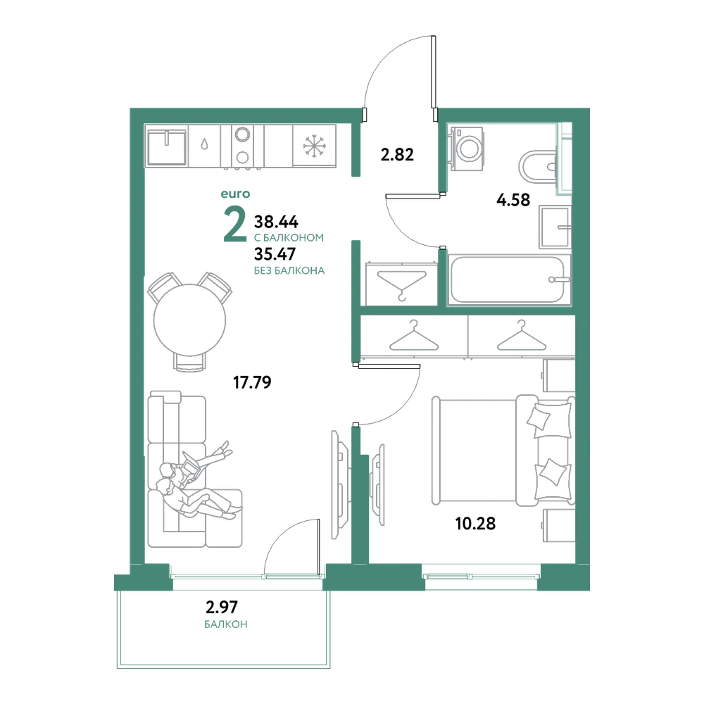 Планировка: Евродвушка 38,44 м²