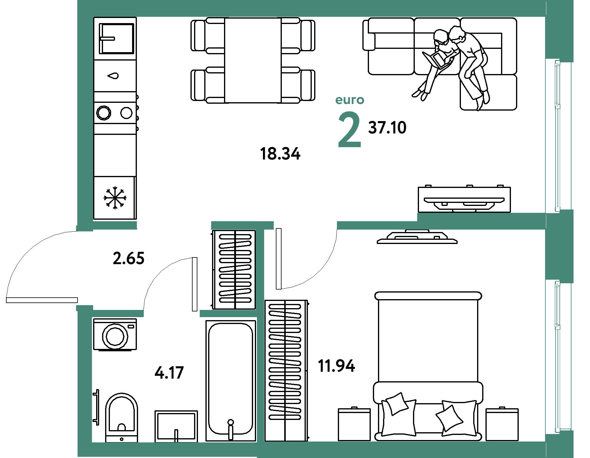 Планировка: Евродвушка 37,1 м² в ЖК «Европейский берег 2.0»