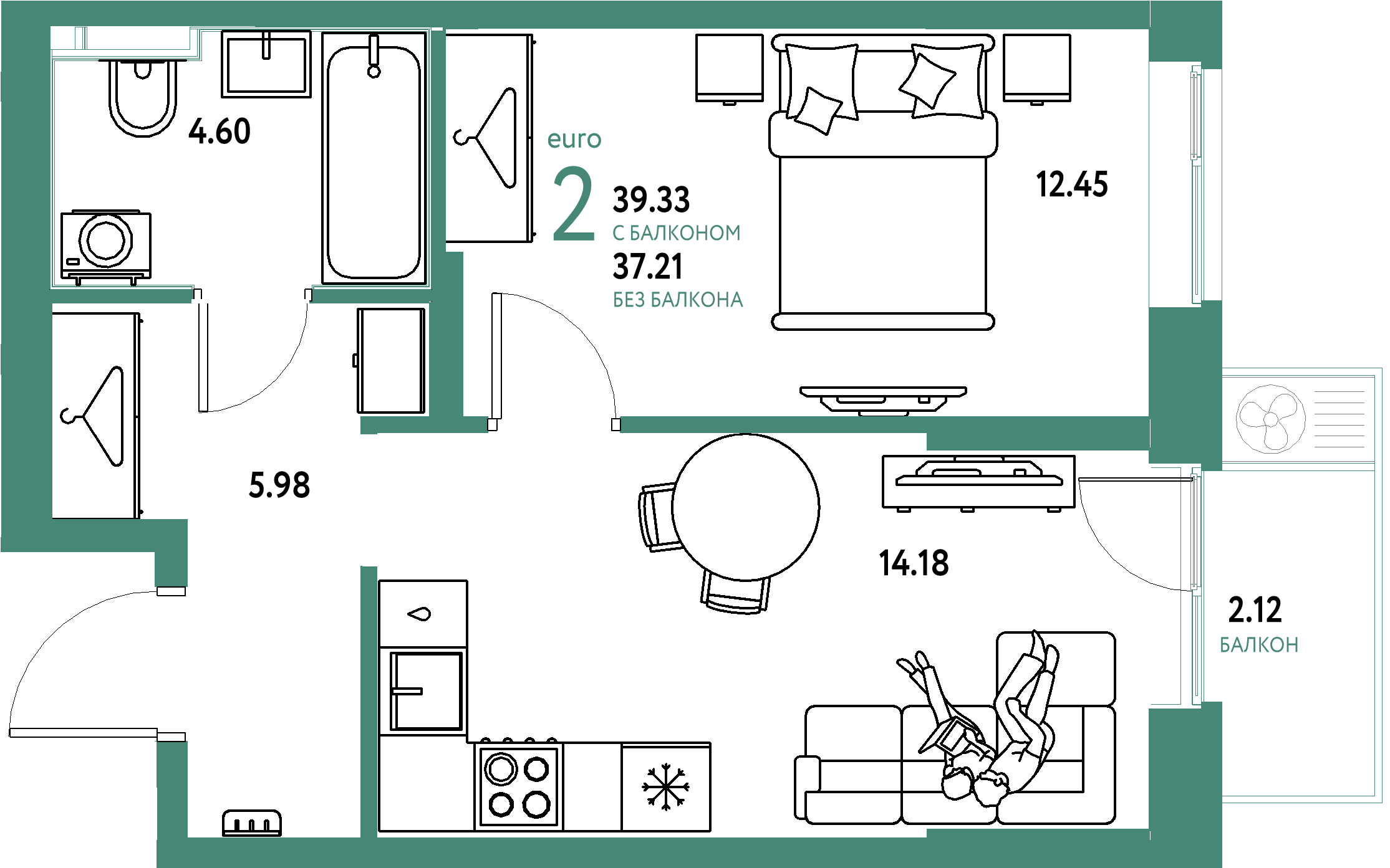Планировка: Евродвушка 39,34 м² в ЖК «Европейский берег 2.0»