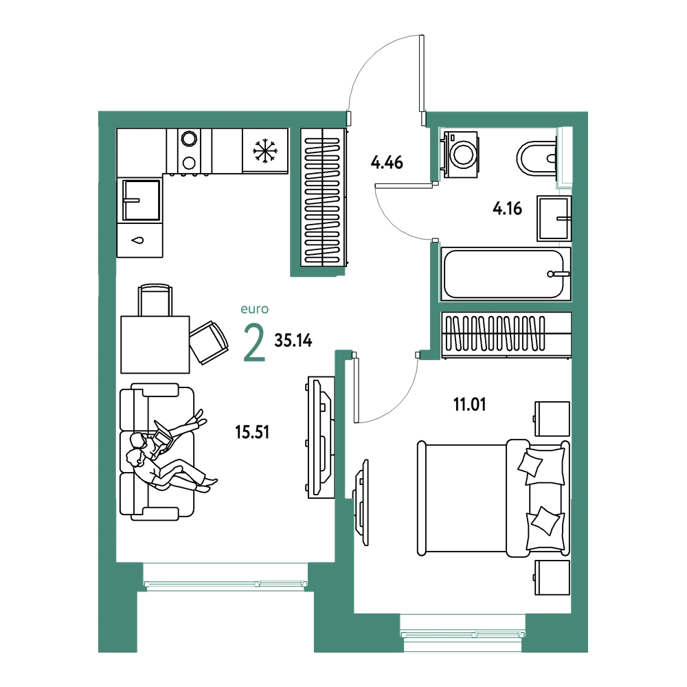 Планировка: Евродвушка 35,14 м²
