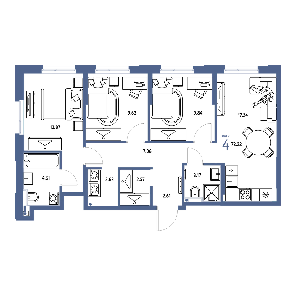 Планировка: Евро-4 72,22 м²