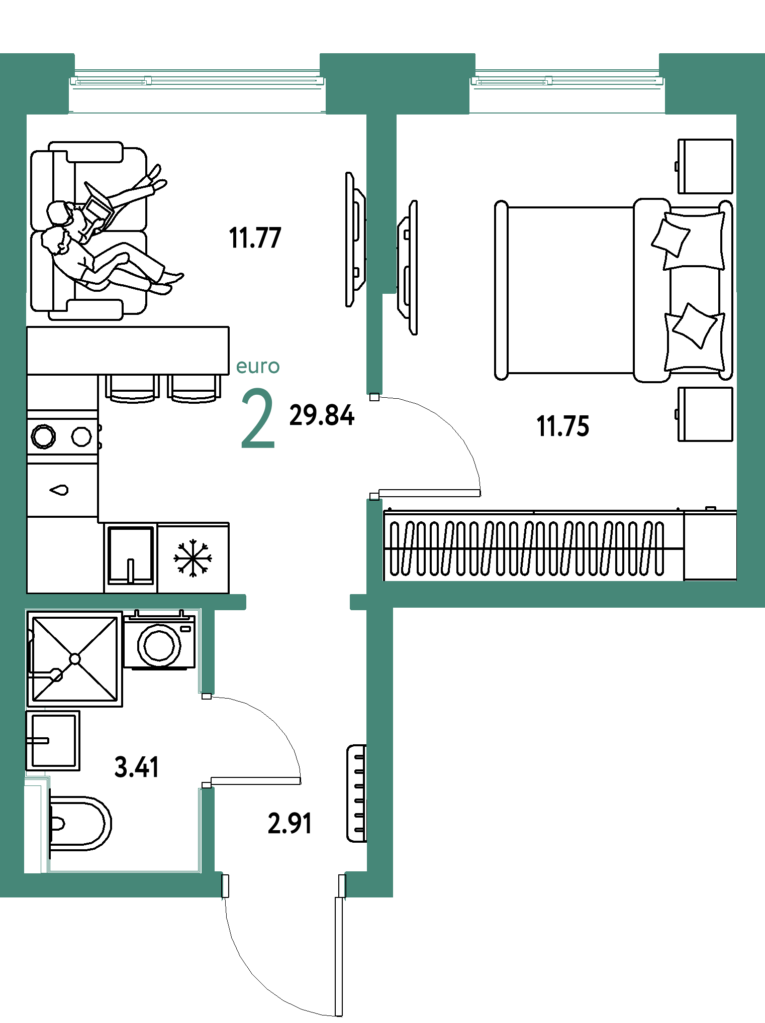 Планировка: Евродвушка 29,84 м² в ЖК «Остров-сад»