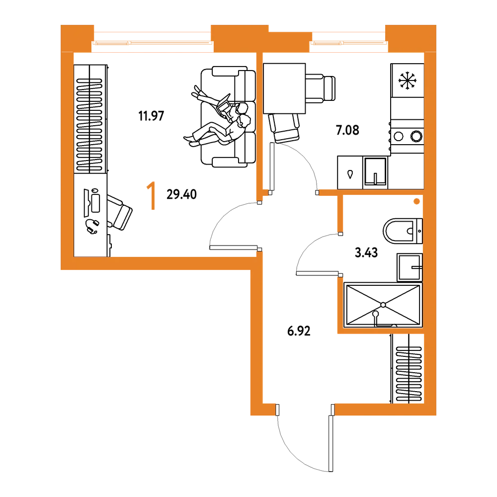 Планировка: 1-комнатная 29,4 м²