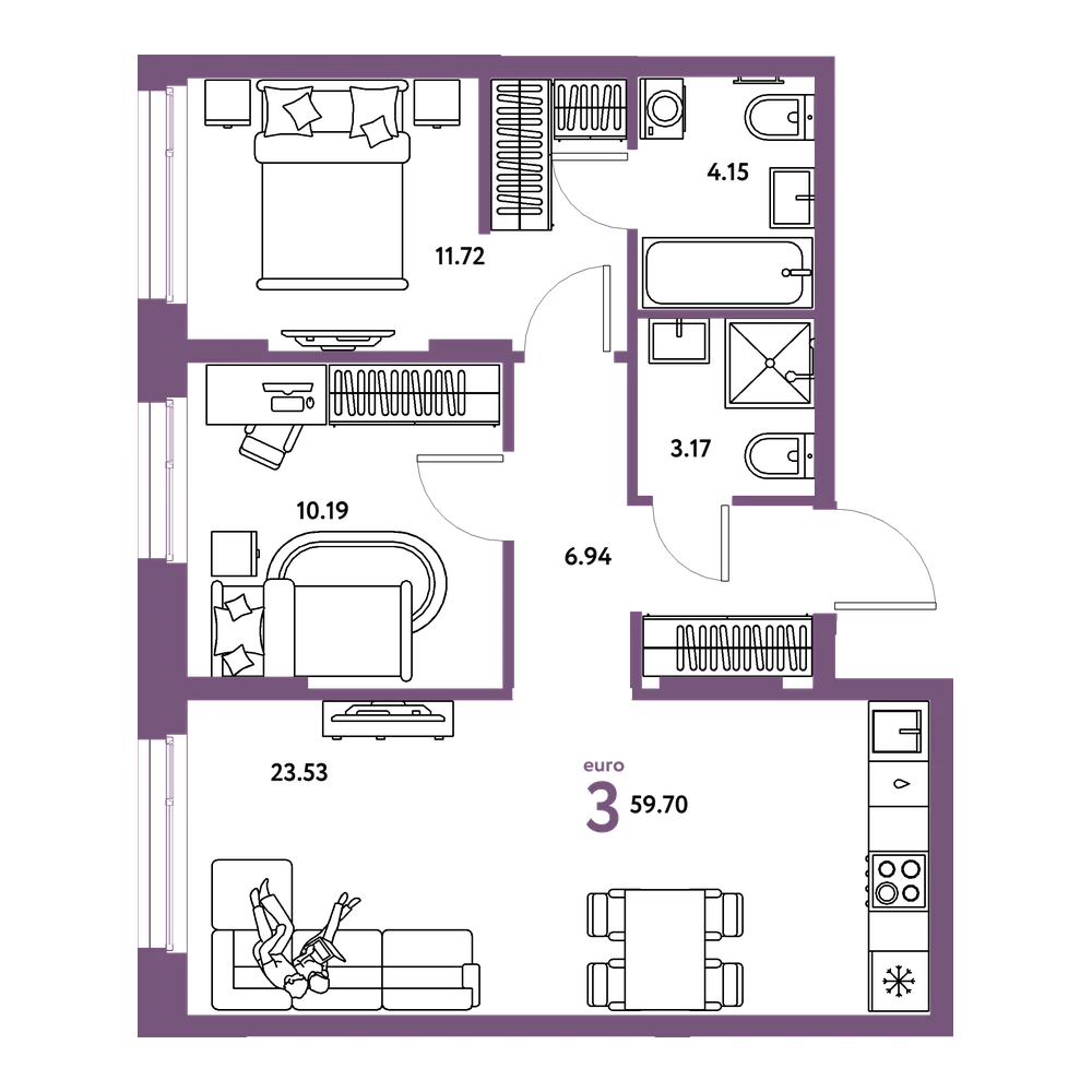 Планировка: Евротрёшка 59,7 м²