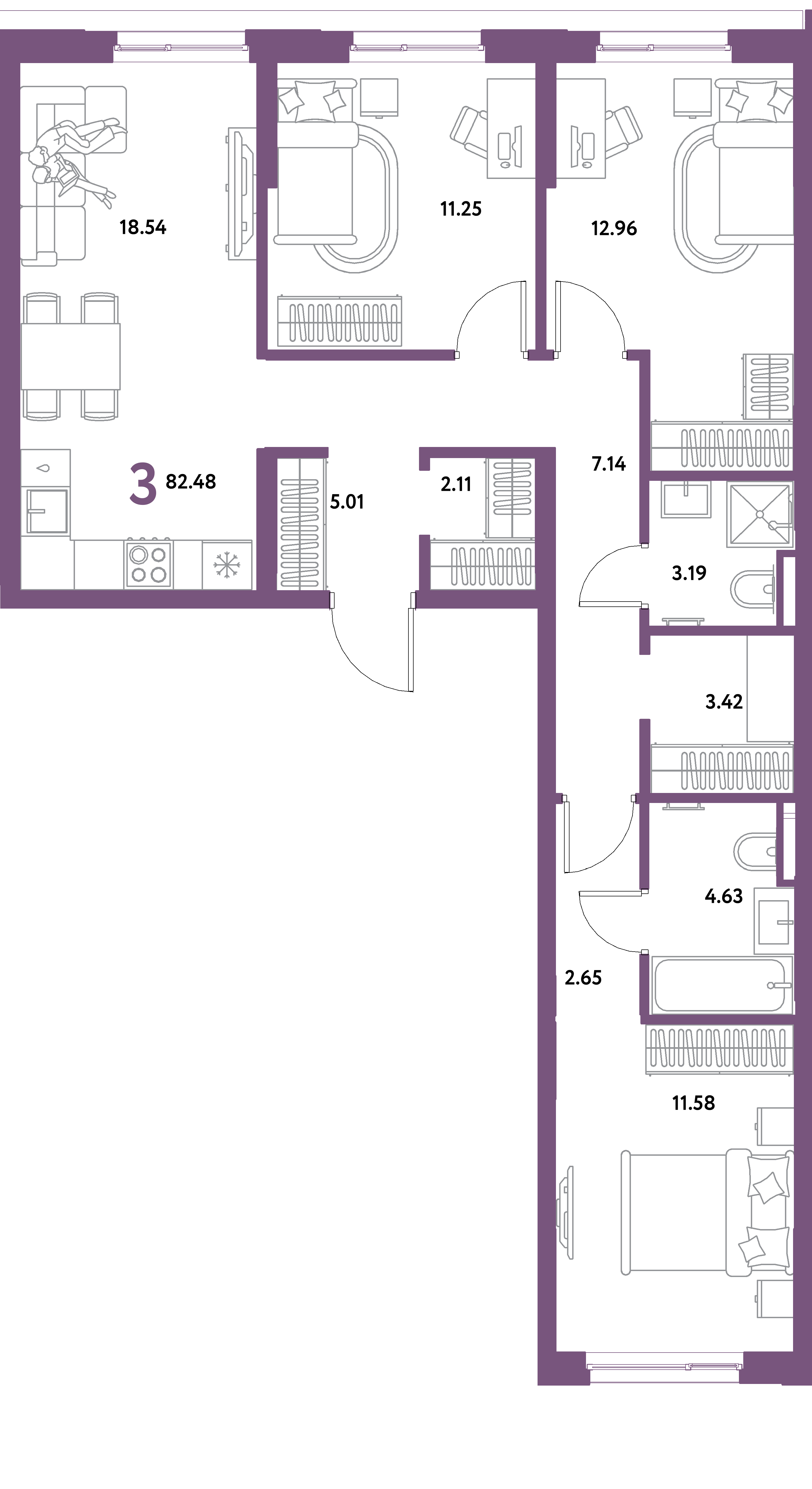 Планировка: 3-комнатная 82,48 м² в ЖК «Остров-сад»
