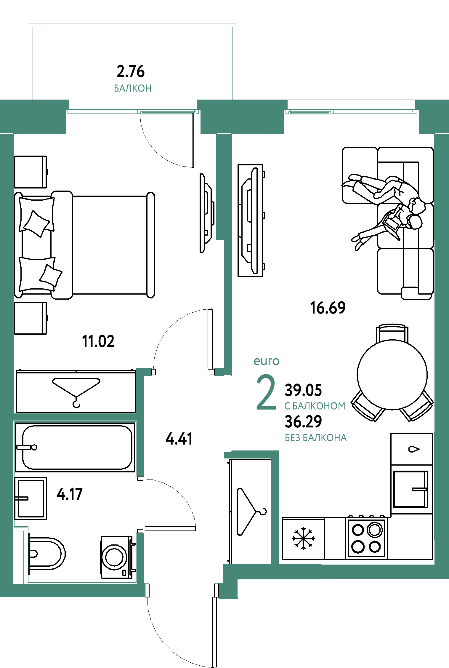 Планировка: Евродвушка 39,05 м² в ЖК «Европейский берег 2.0»