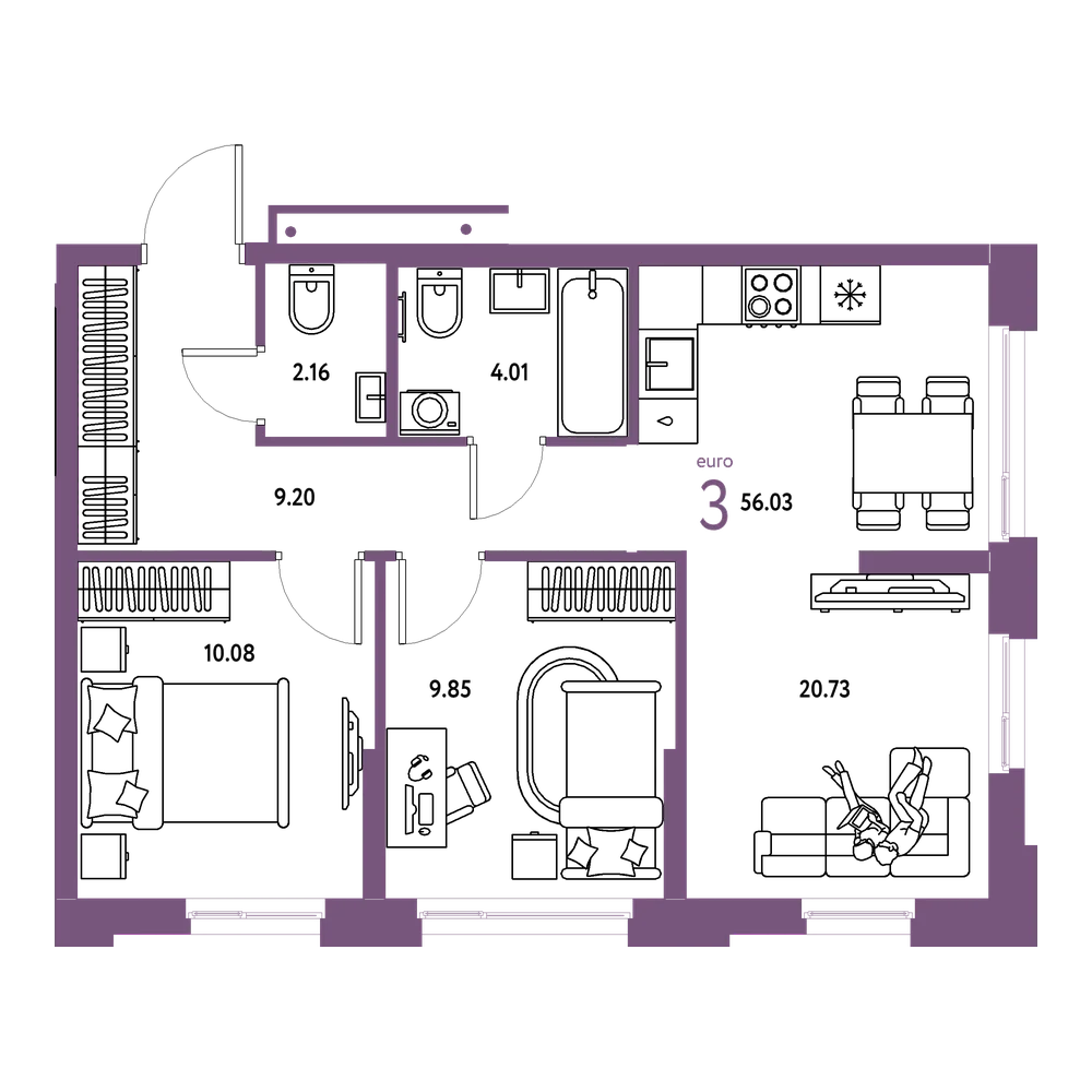 Планировка: Евротрёшка 56,03 м²