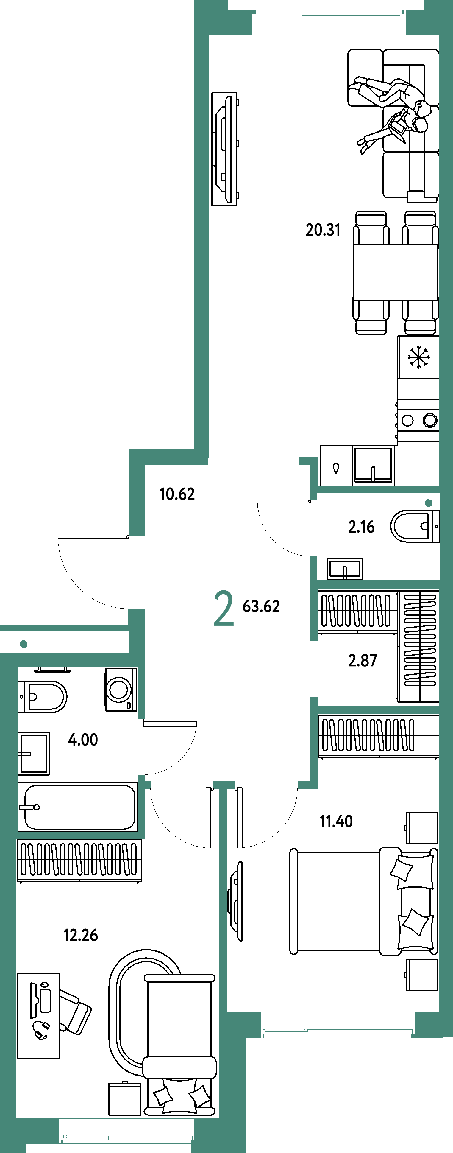 Планировка: 2-комнатная 63,62 м² в ЖК «Домашний»