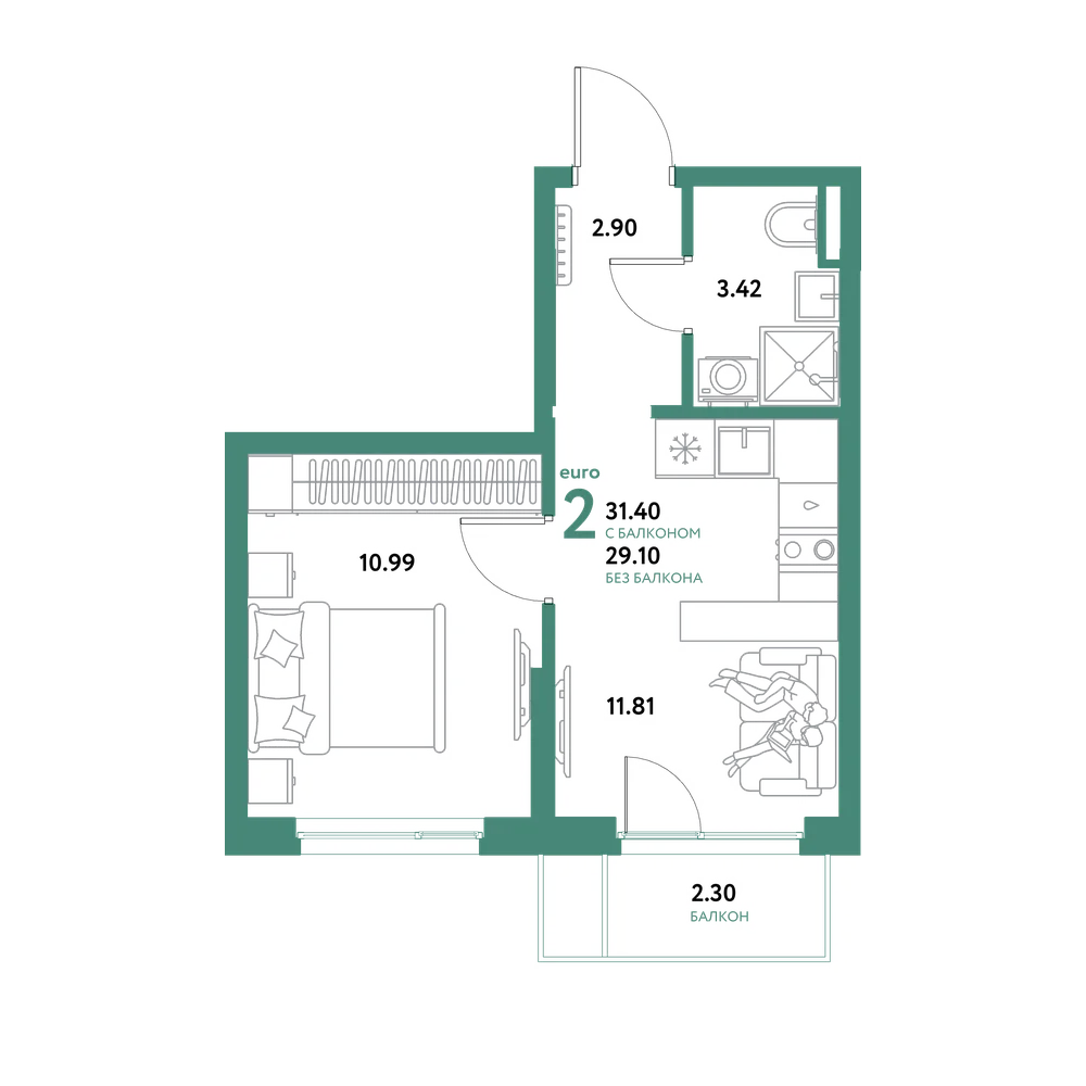 Планировка: Евродвушка 31,4 м²