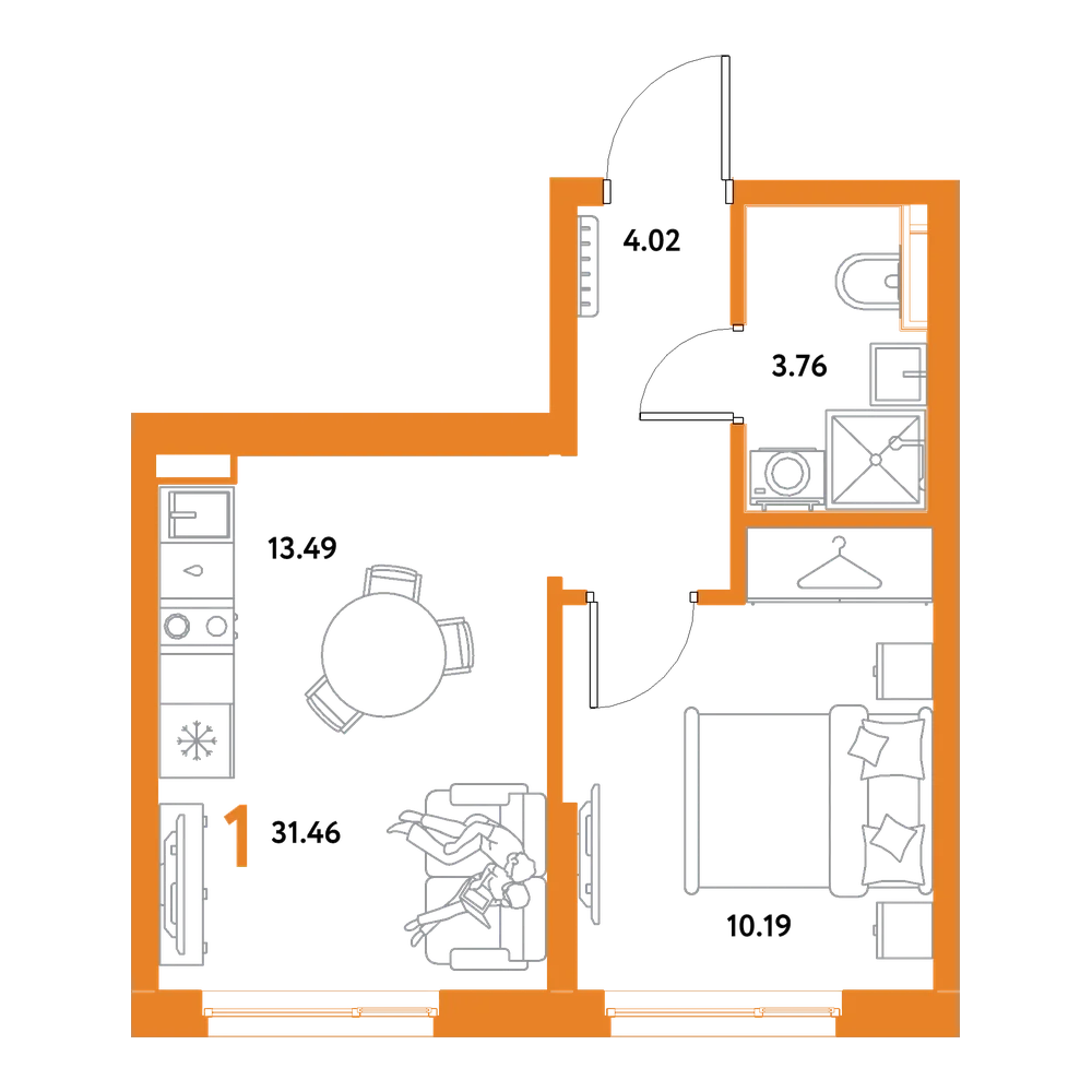 Планировка: 1-комнатная 31,46 м²