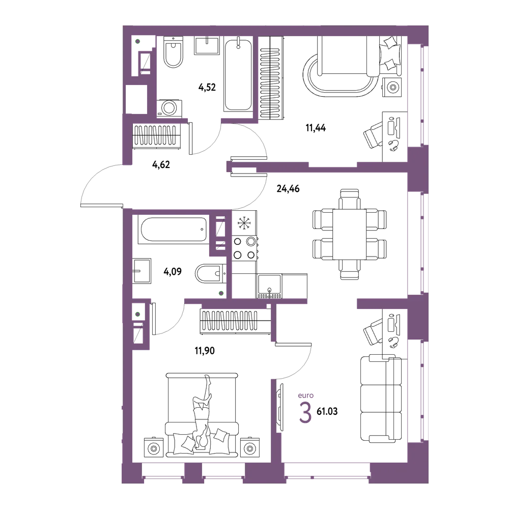 Планировка: Евротрёшка 61,03 м²