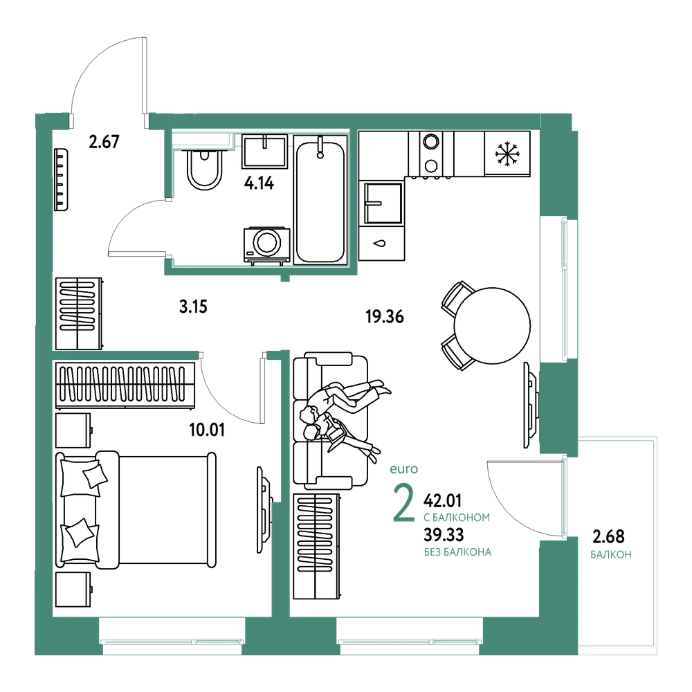 Планировка: Евродвушка 42,01 м²
