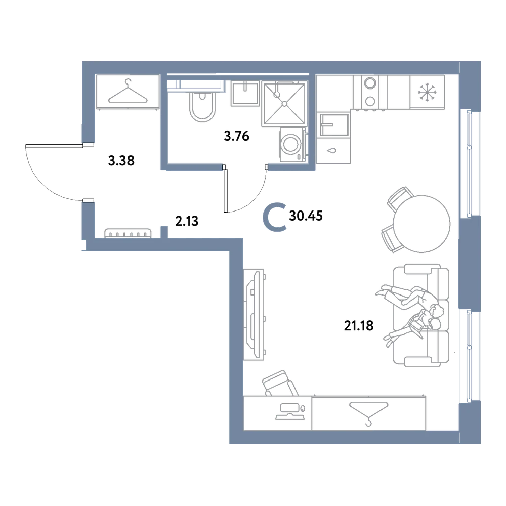 Планировка: Студия 30,45 м²