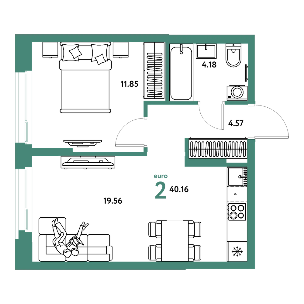 Планировка: Евродвушка 40,16 м²