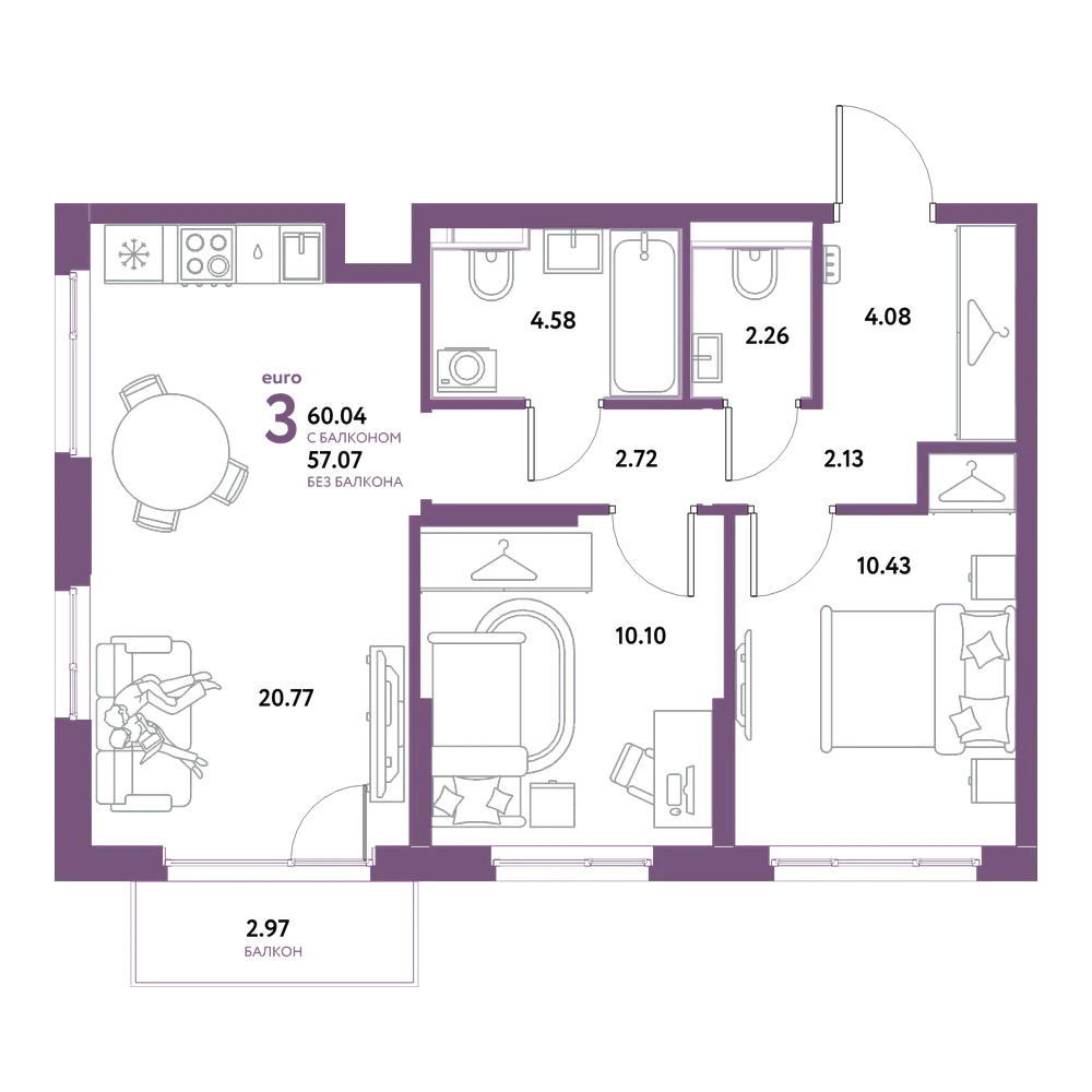 Планировка: Евродвушка 60,04 м²
