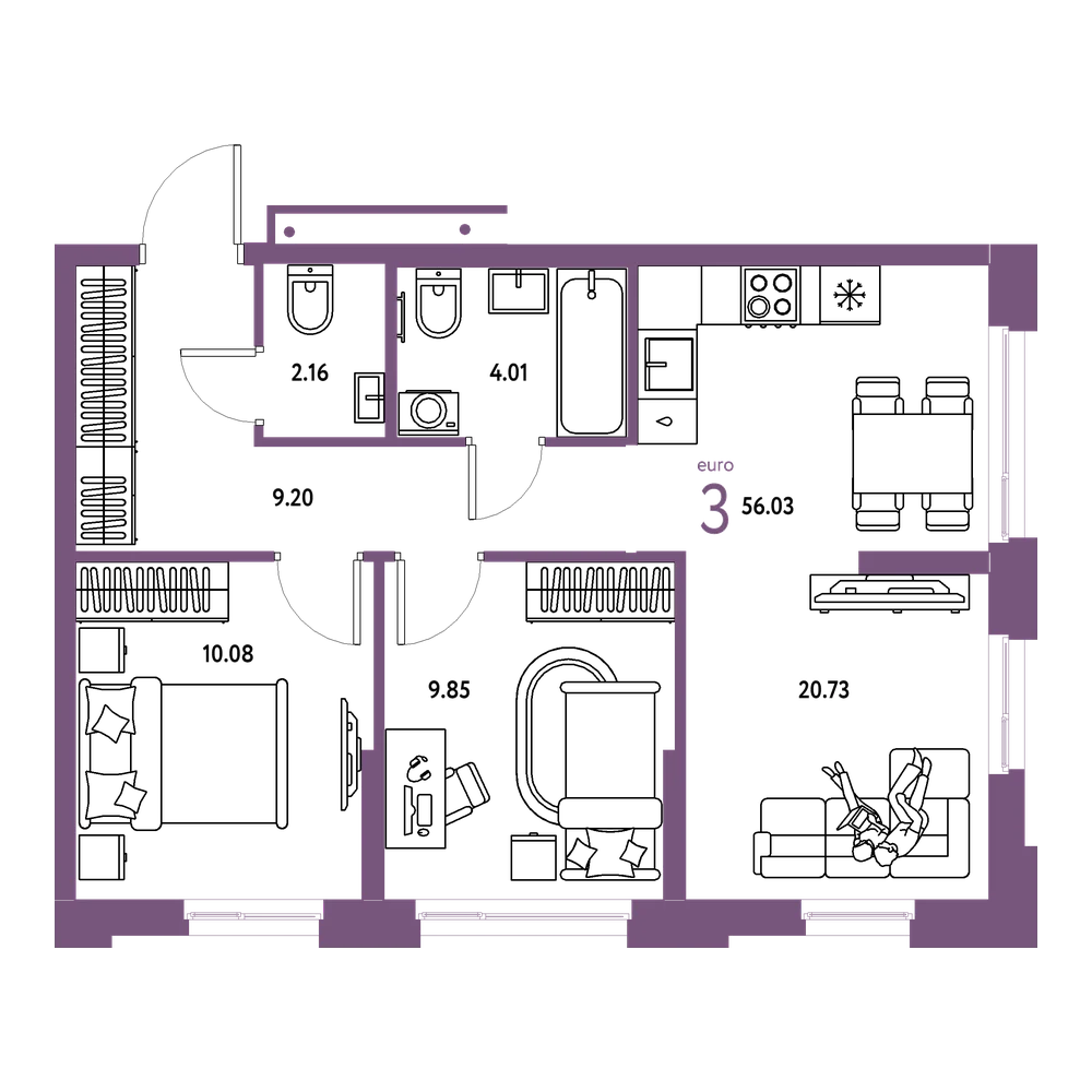 Планировка: Евротрёшка 56,03 м²