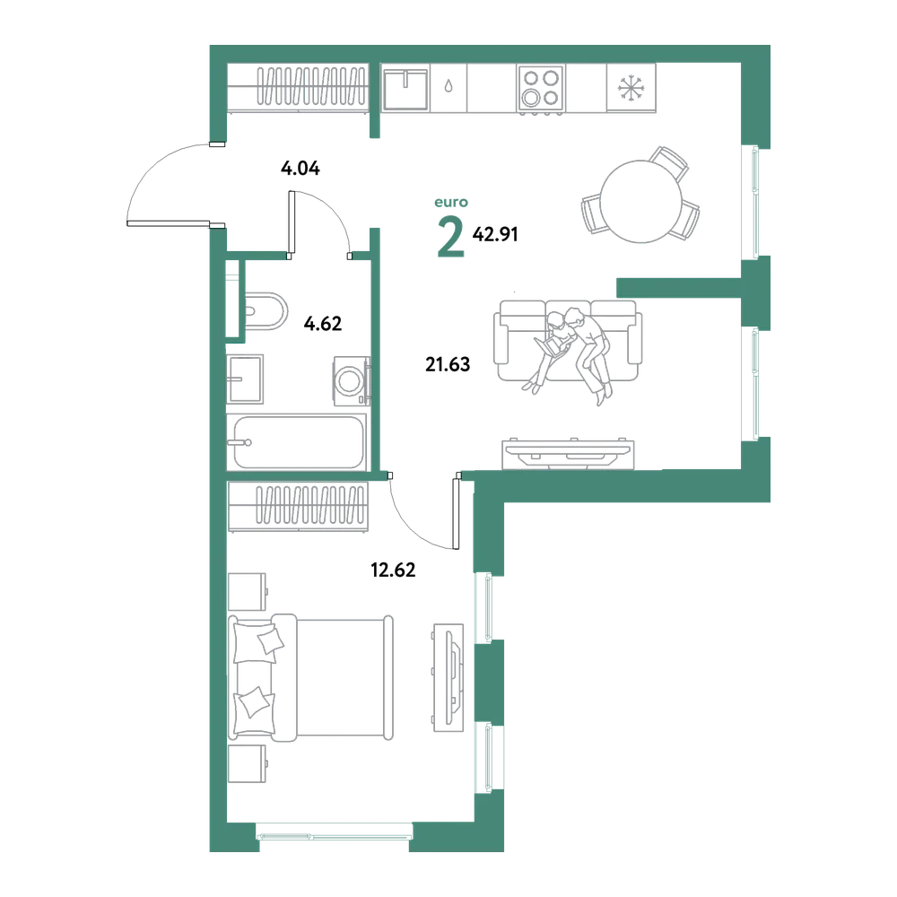 Планировка: Евродвушка 42,91 м²