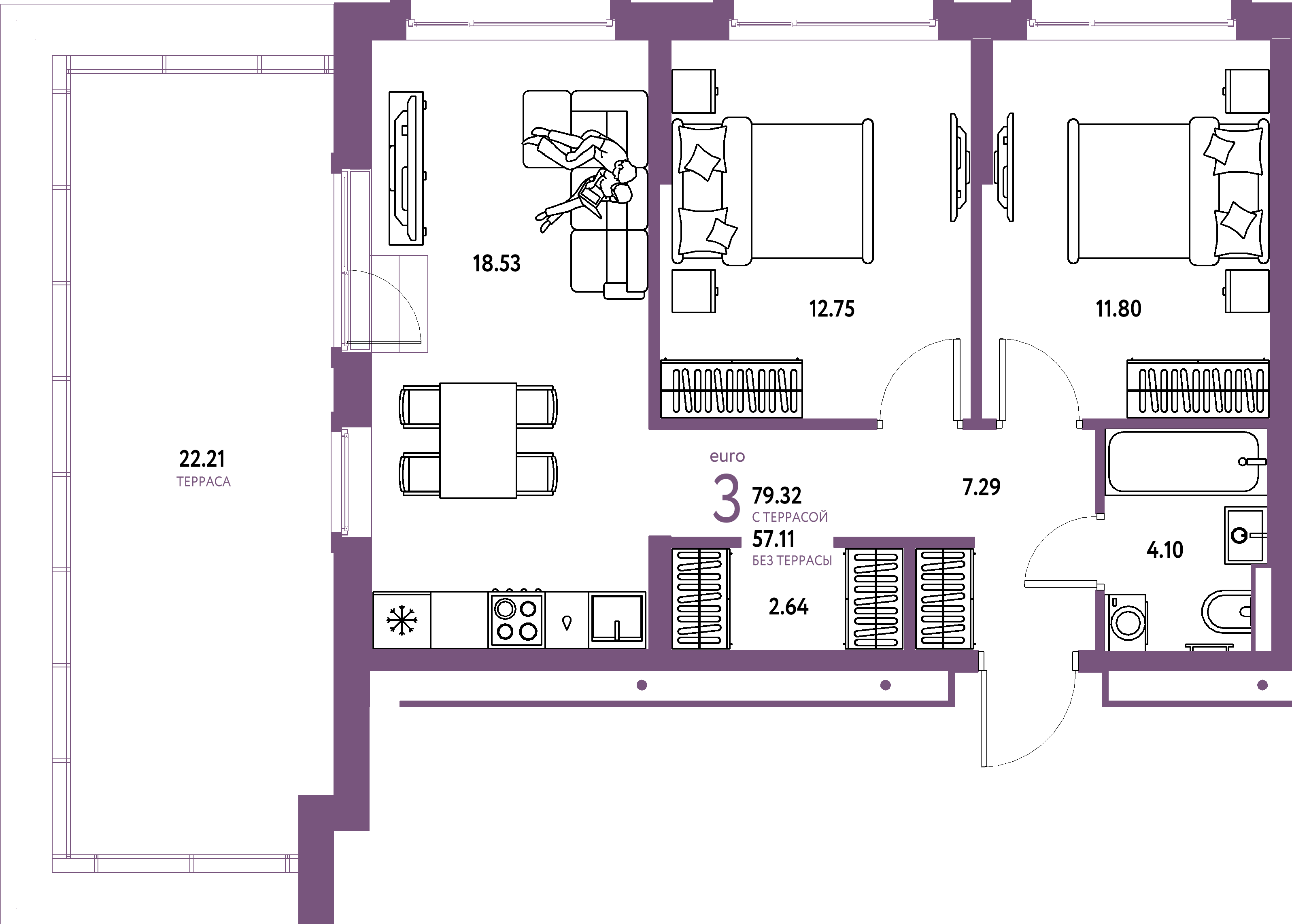 Планировка: Евротрёшка 79,32 м² в ЖК «Авторский»