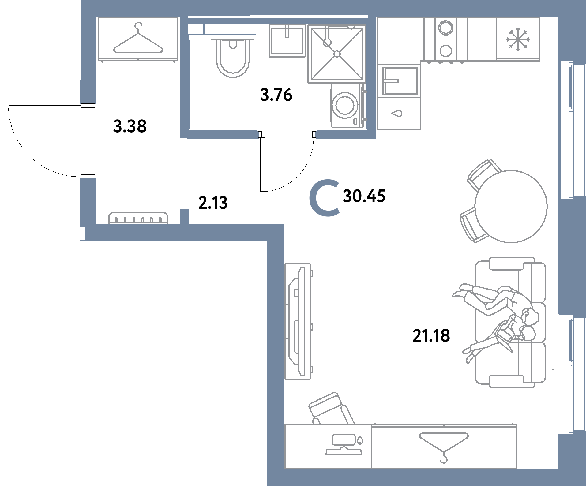 Планировка: Студия 30,45 м² в ЖК «Остров-сад»