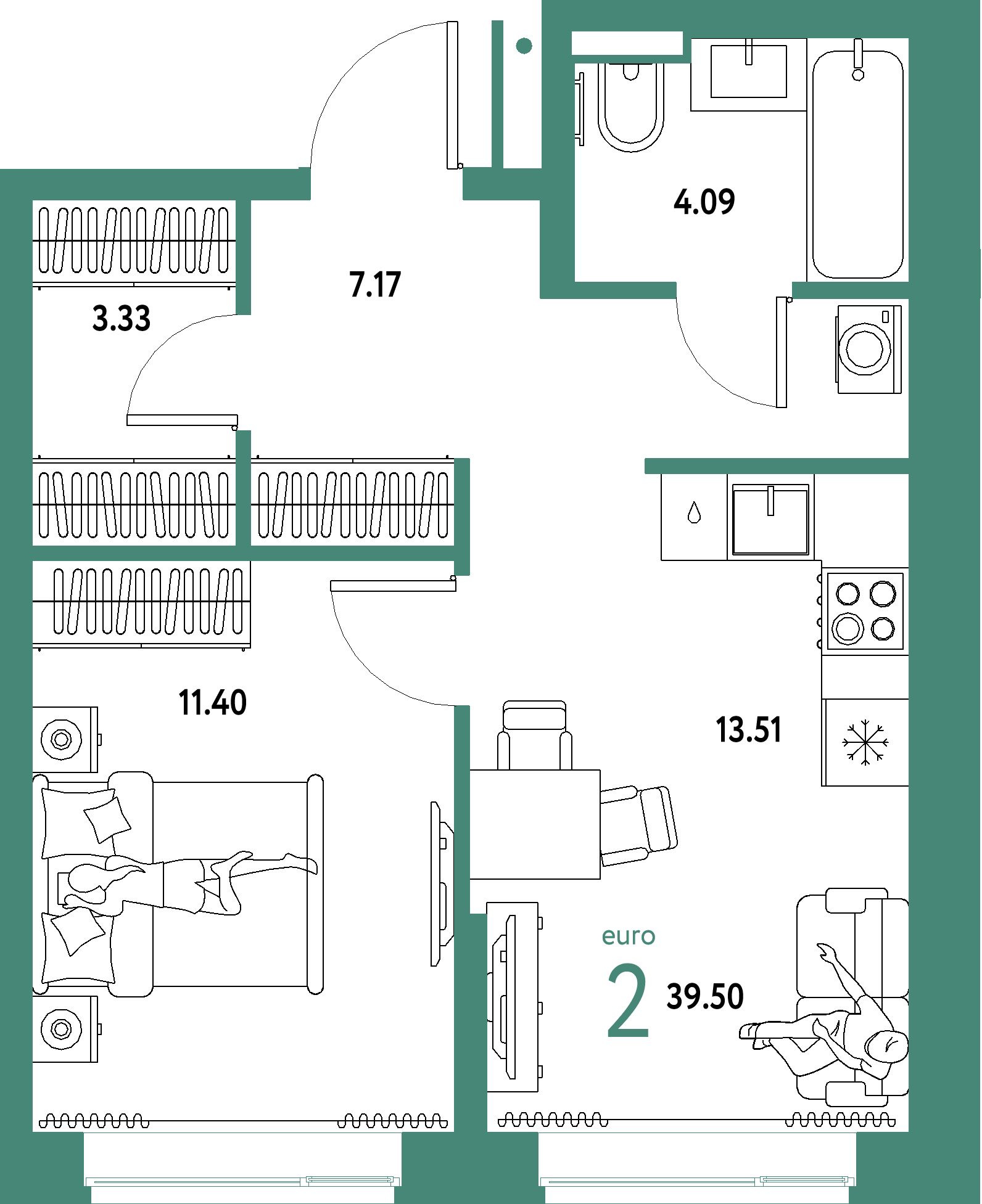 Планировка: Евродвушка 39,5 м² в ЖК «Домашний»
