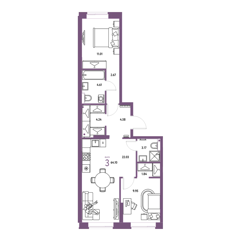 Планировка: Евротрёшка 64,1 м²