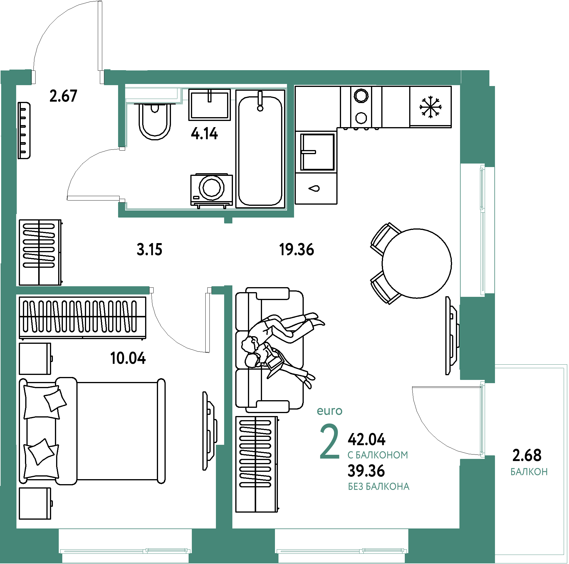 Планировка: Евродвушка 42,04 м² в ЖК «Домашний»