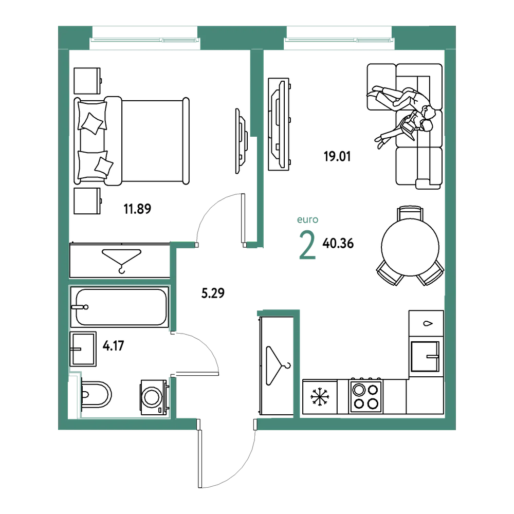 Планировка: Евродвушка 40,36 м²