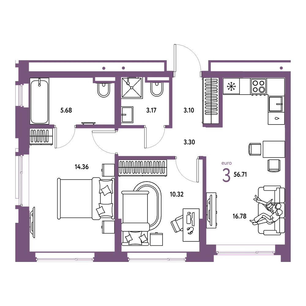 Планировка: Евротрёшка 56,71 м²