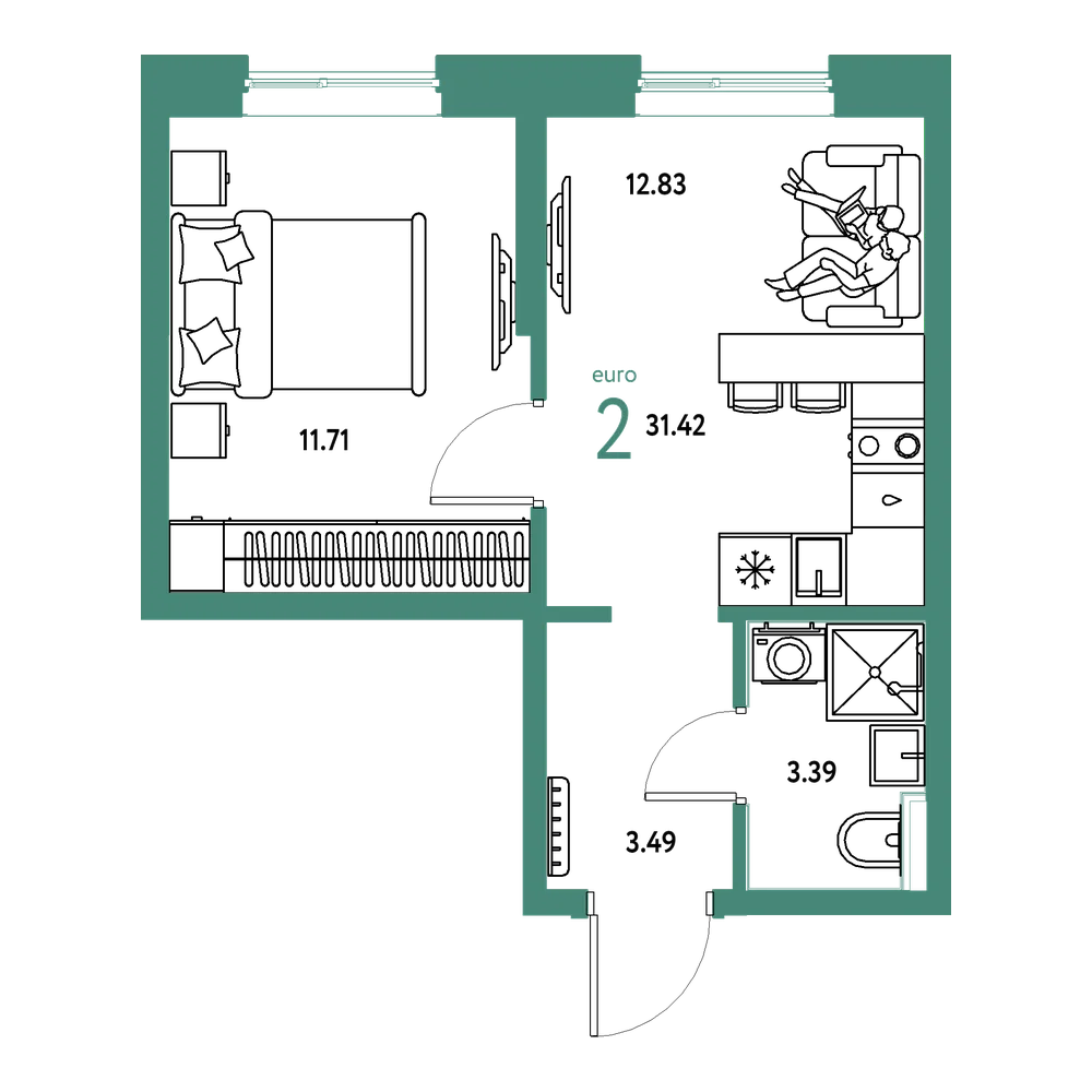 Планировка: Евродвушка 31,42 м²