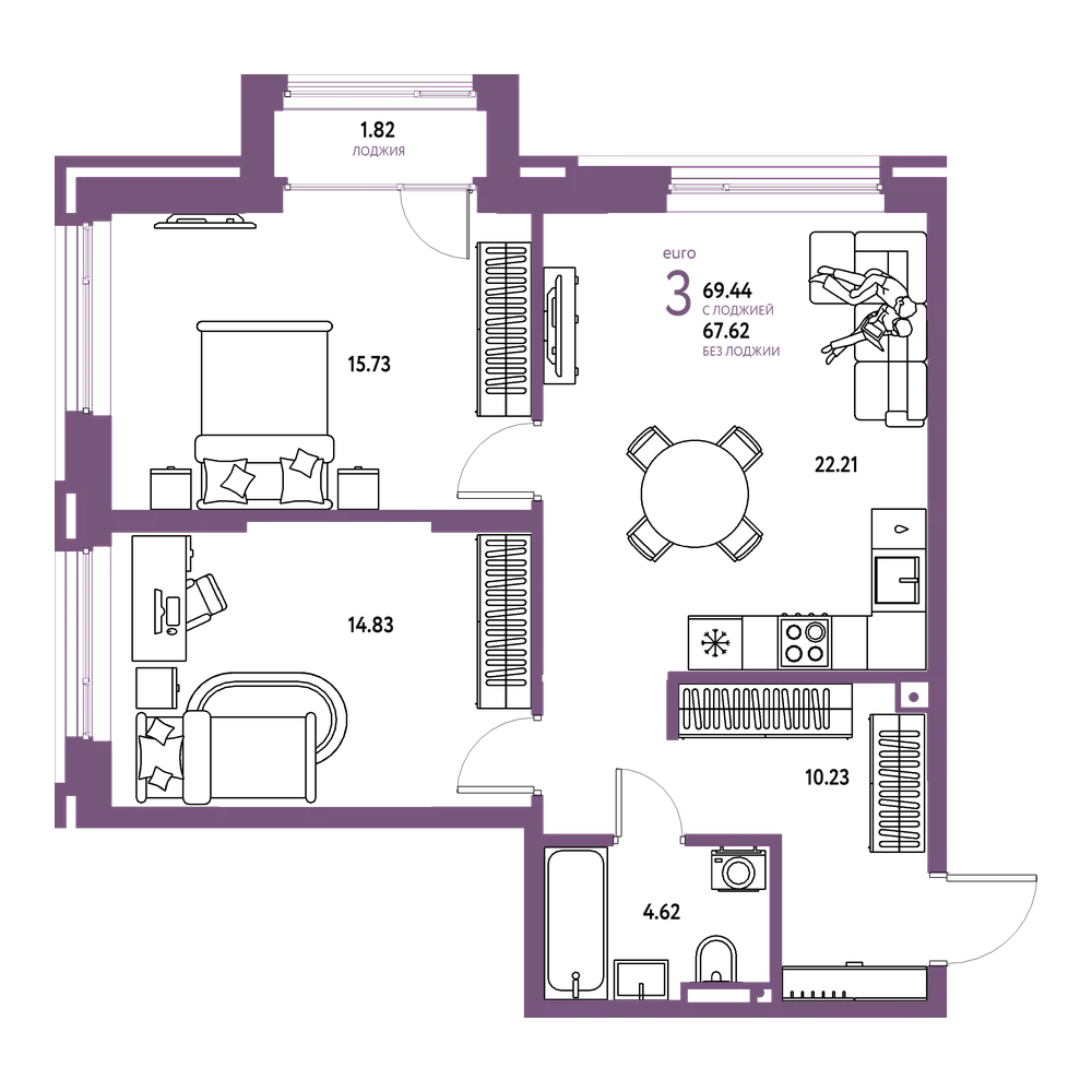Планировка: Евротрёшка 69,44 м²