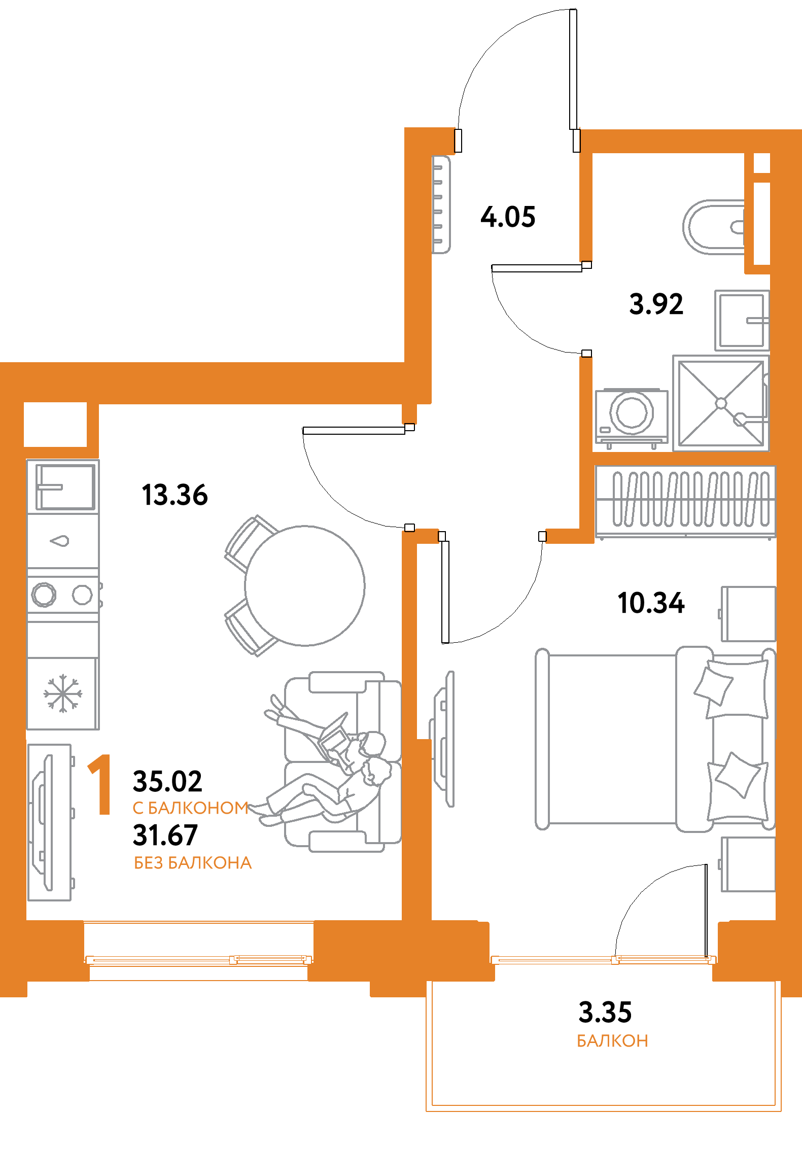 Планировка: 1-комнатная 35,02 м² в ЖК «Остров-сад»