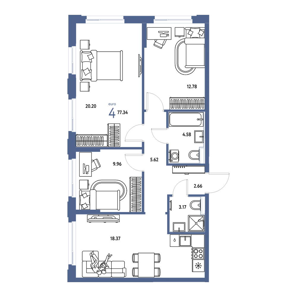 Планировка: Евро-4 77,34 м²
