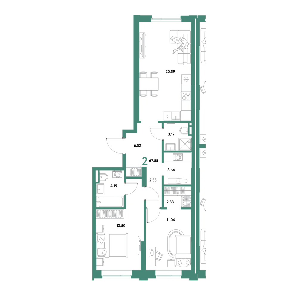 Планировка: 2-комнатная 67,55 м²