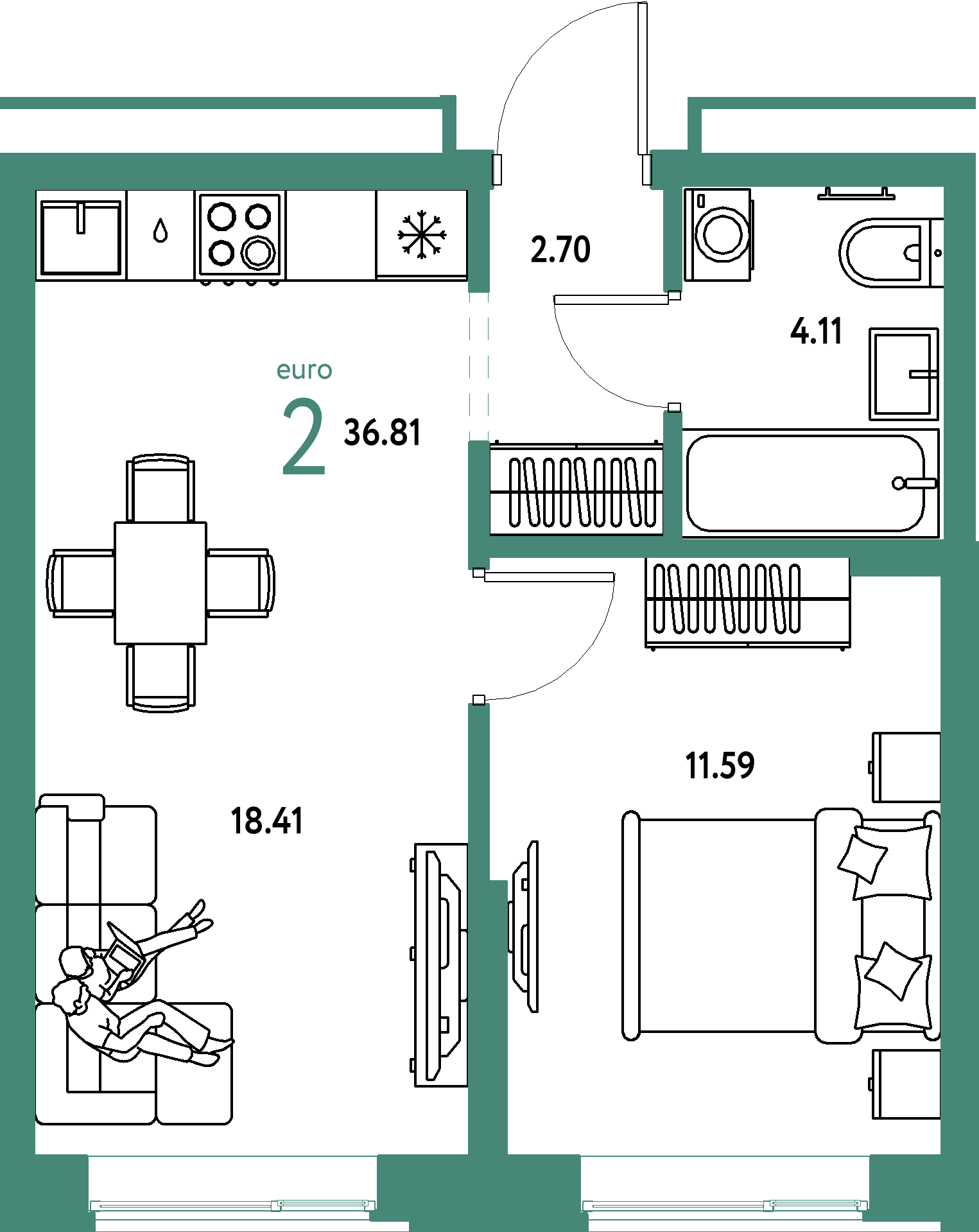 Планировка: Евродвушка 36,81 м² в ЖК «Домашний»