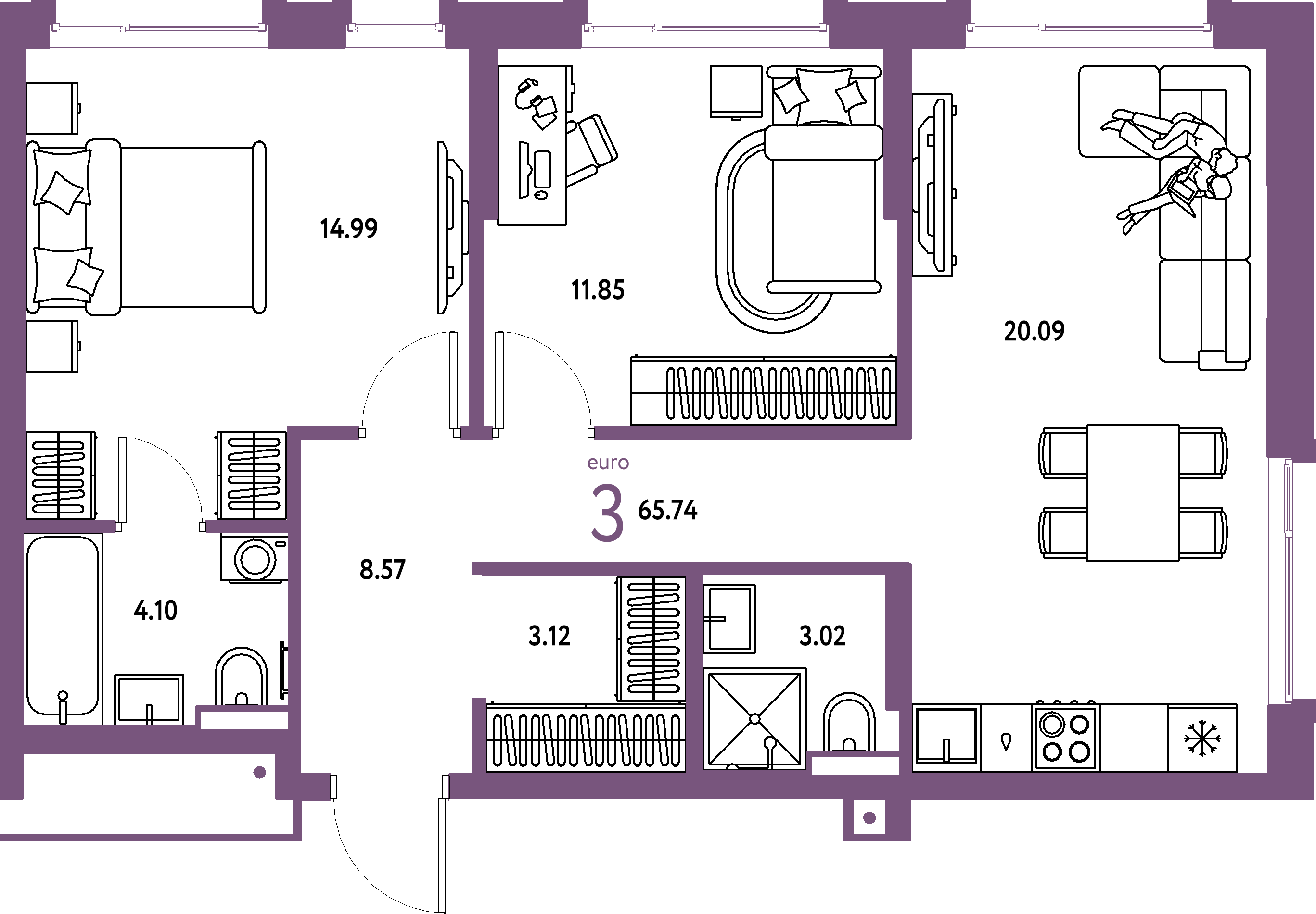 Планировка: Евротрёшка 65,74 м² в ЖК «Авторский»
