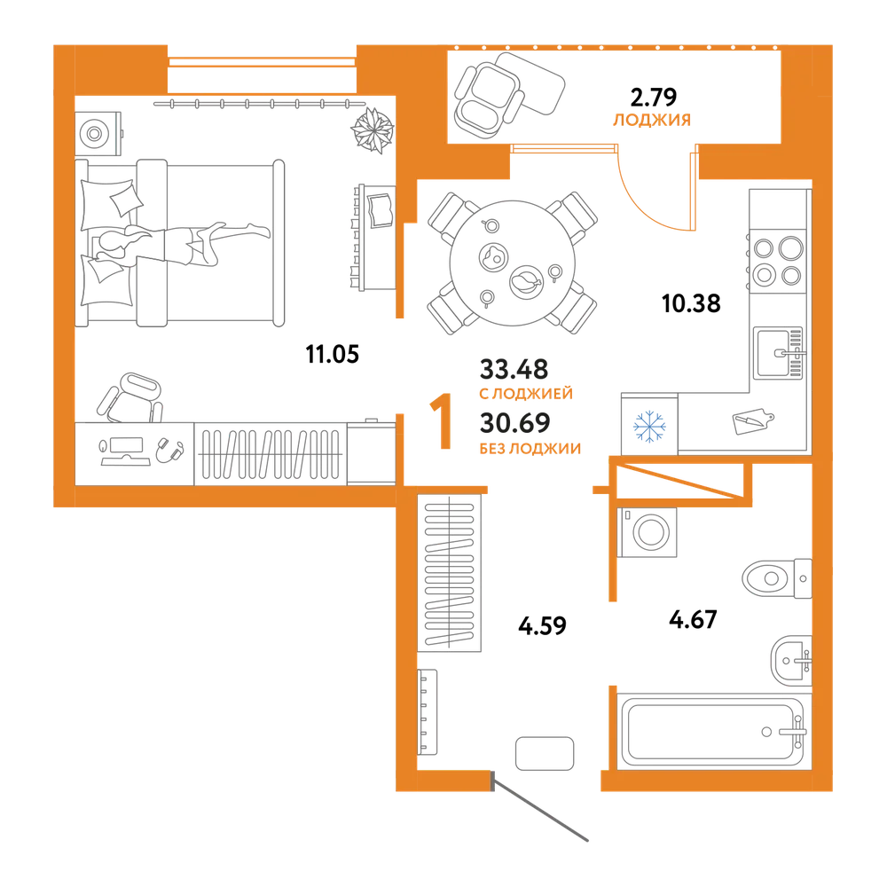 Планировка: 1-комнатная 33,48 м²