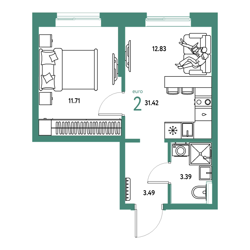 Планировка: Евродвушка 31,42 м²