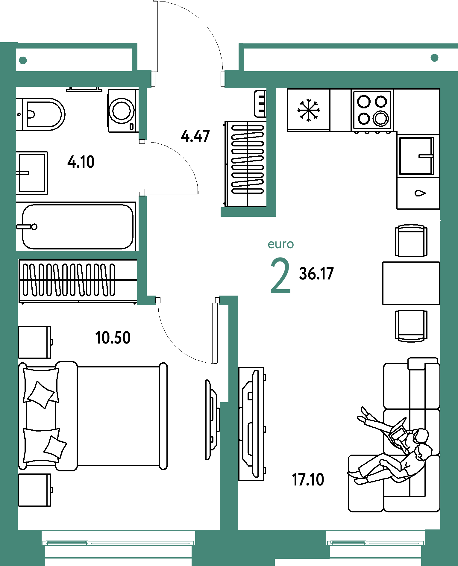 Планировка: Евродвушка 36,17 м² в ЖК «Домашний»