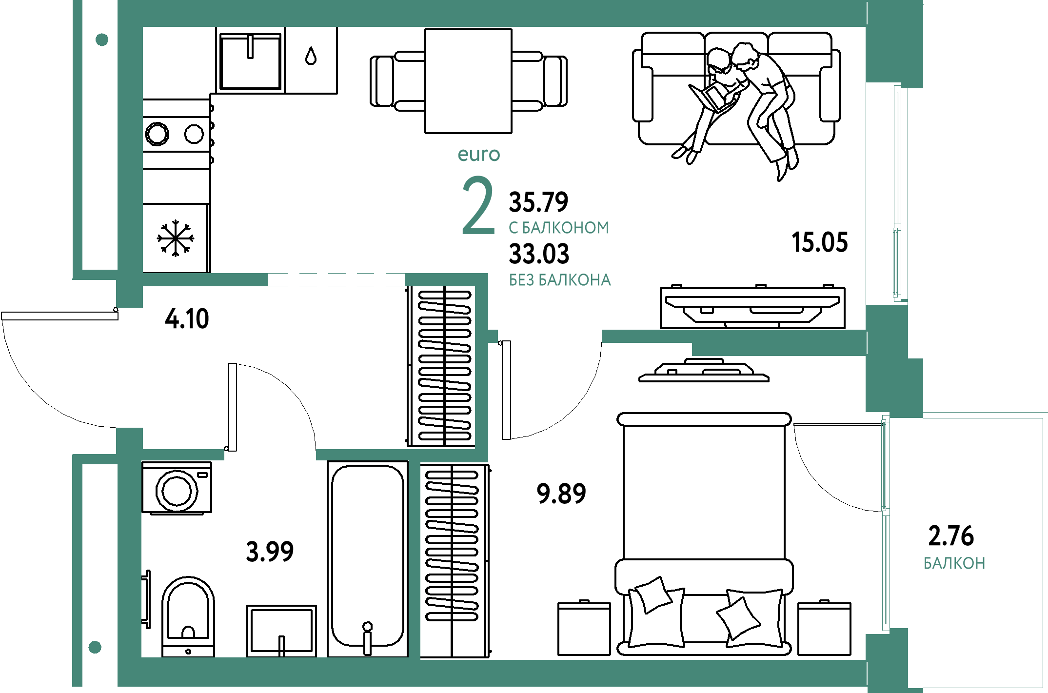 Планировка: Евродвушка 35,79 м² в ЖК «Домашний»