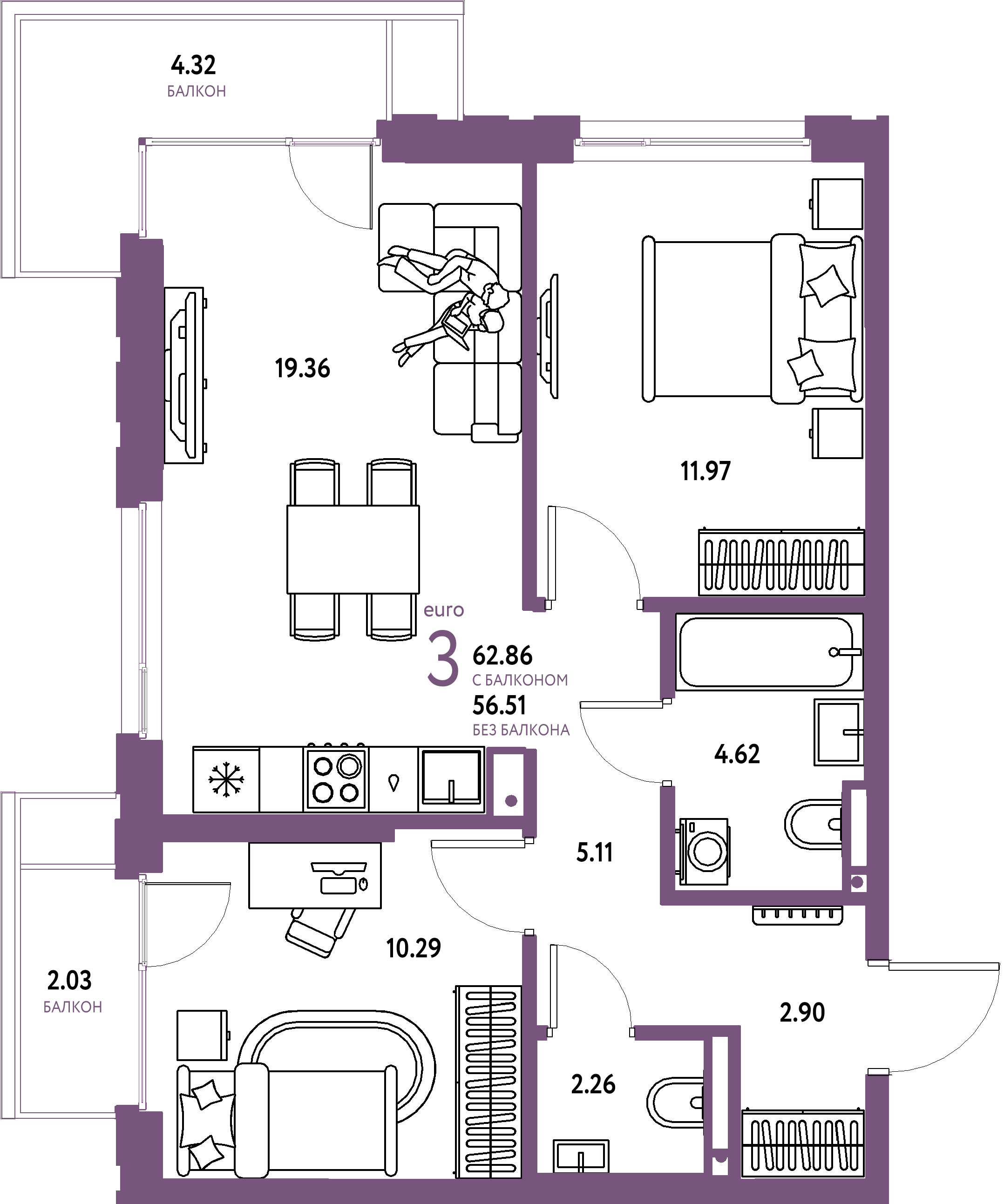 Планировка: Евротрёшка 62,86 м² в ЖК «Страна.Прибрежная»