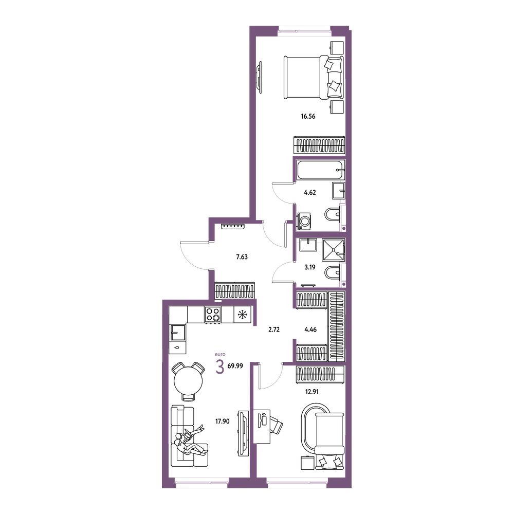 Планировка: Евротрёшка 69,99 м²