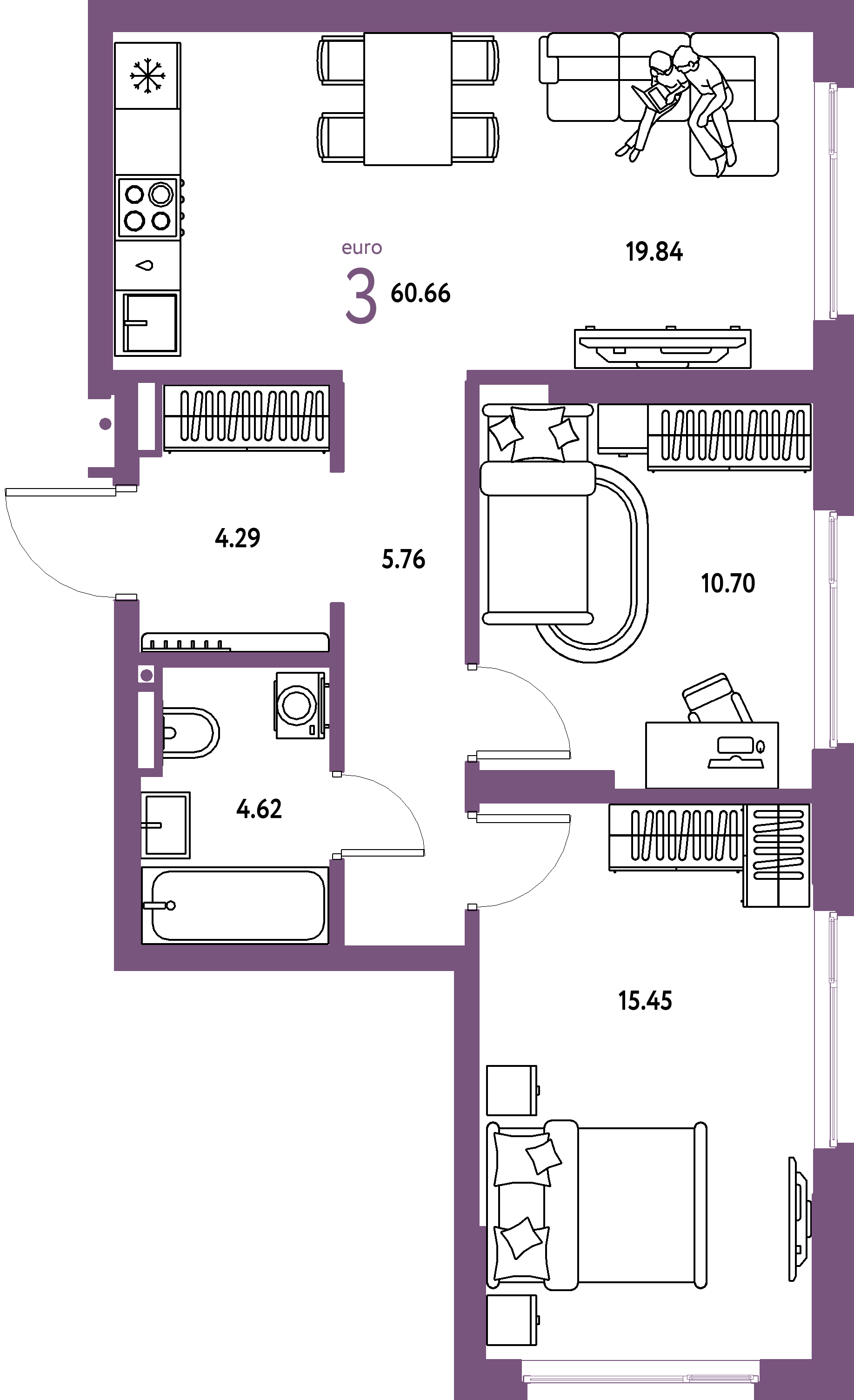 Планировка: Евротрёшка 60,66 м² в ЖК «Страна.Прибрежная»