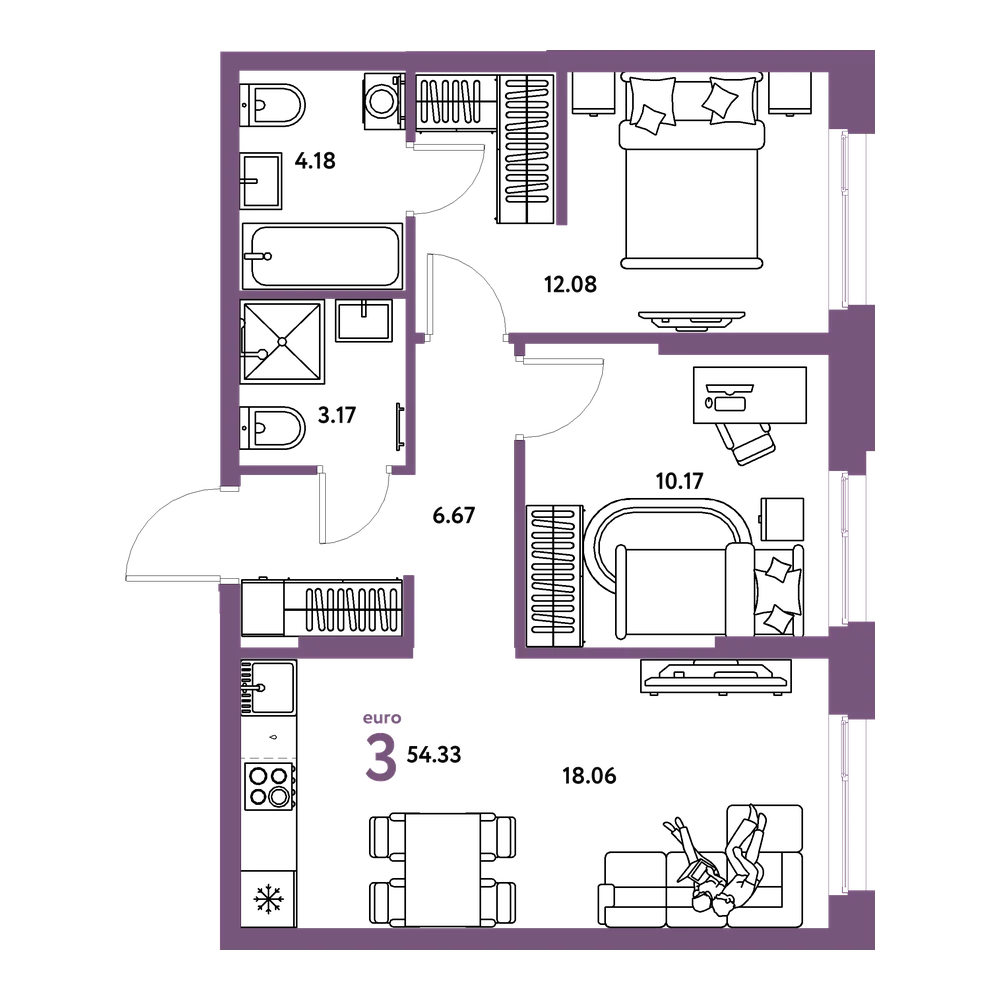 Планировка: Евротрёшка 54,33 м²