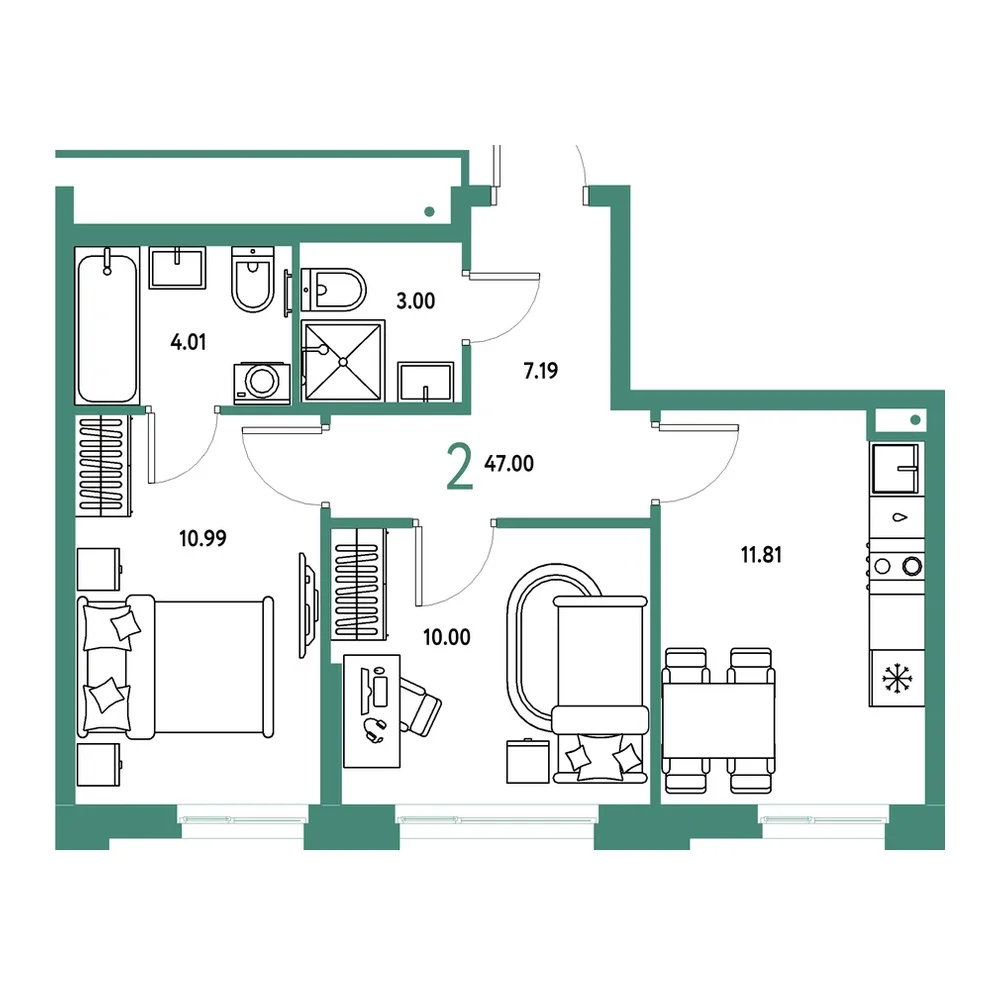 Планировка: 2-комнатная 47 м²