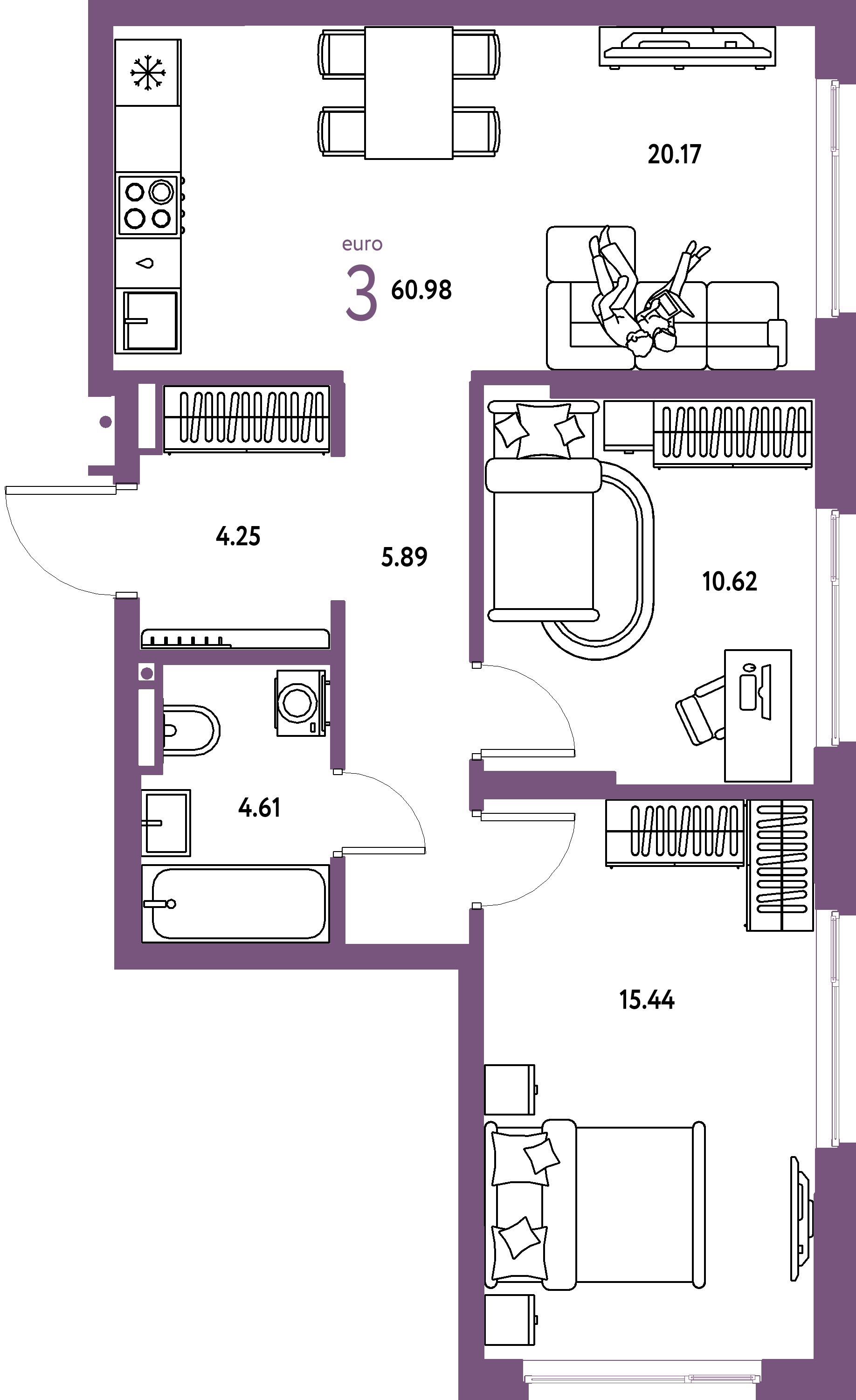 Планировка: Евротрёшка 60,98 м² в ЖК «Страна.Прибрежная»